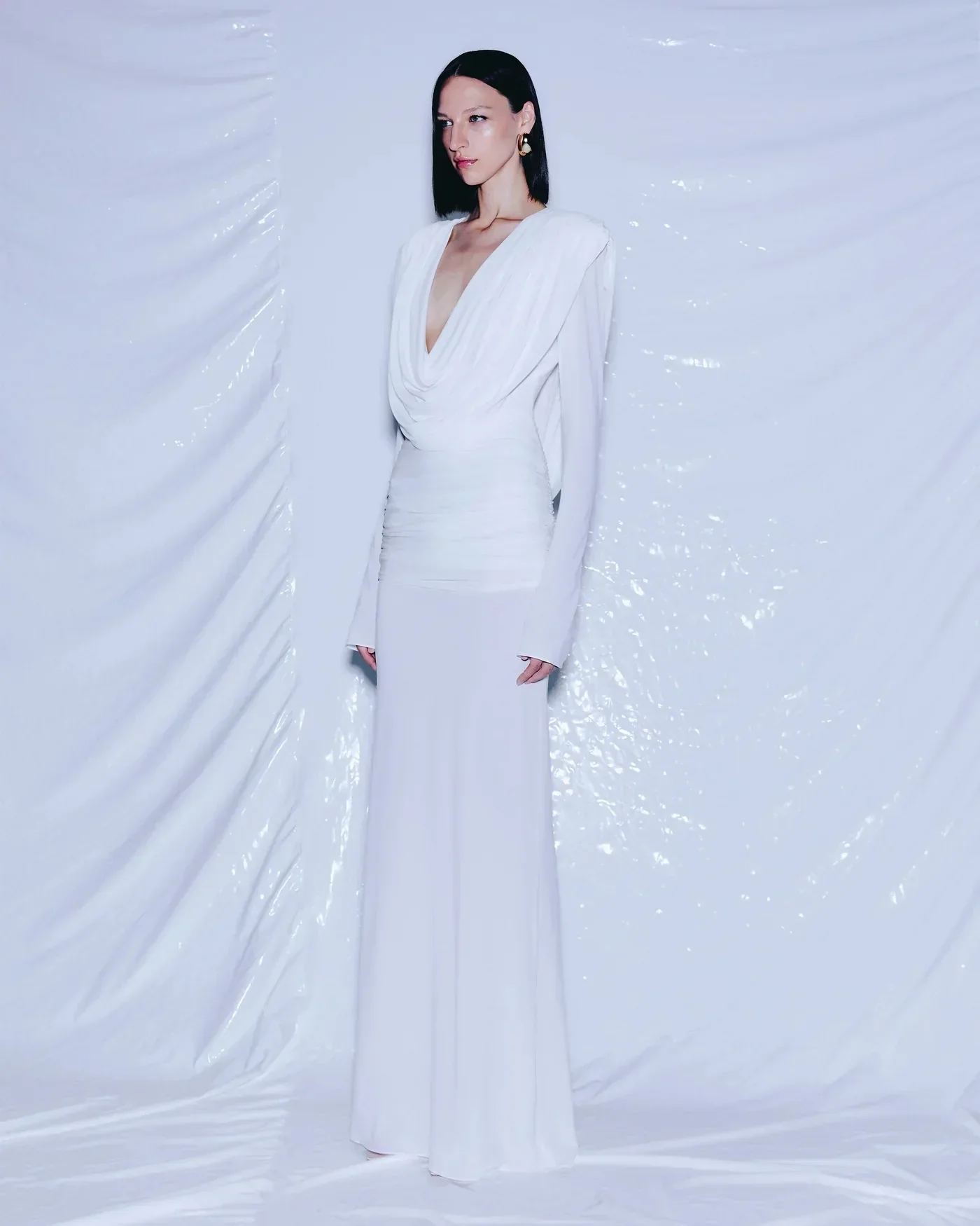 White Color Women Long Sleeve Sexy V-Neck Draped Bodycon Long Dress Fashion Celebrate Evening Party Birthday Outfit - Image 2