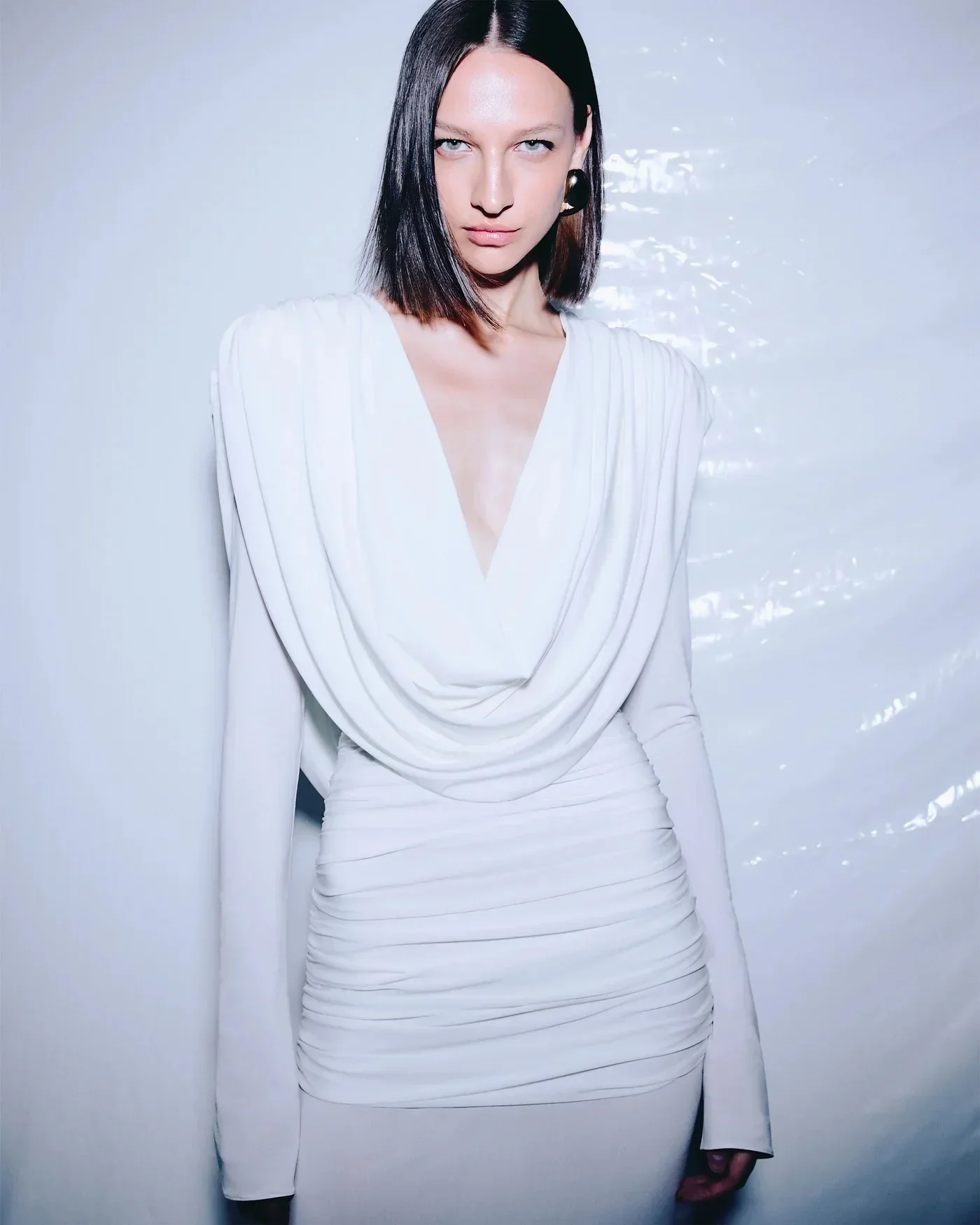 White Color Women Long Sleeve Sexy V-Neck Draped Bodycon Long Dress Fashion Celebrate Evening Party Birthday Outfit - Image 4