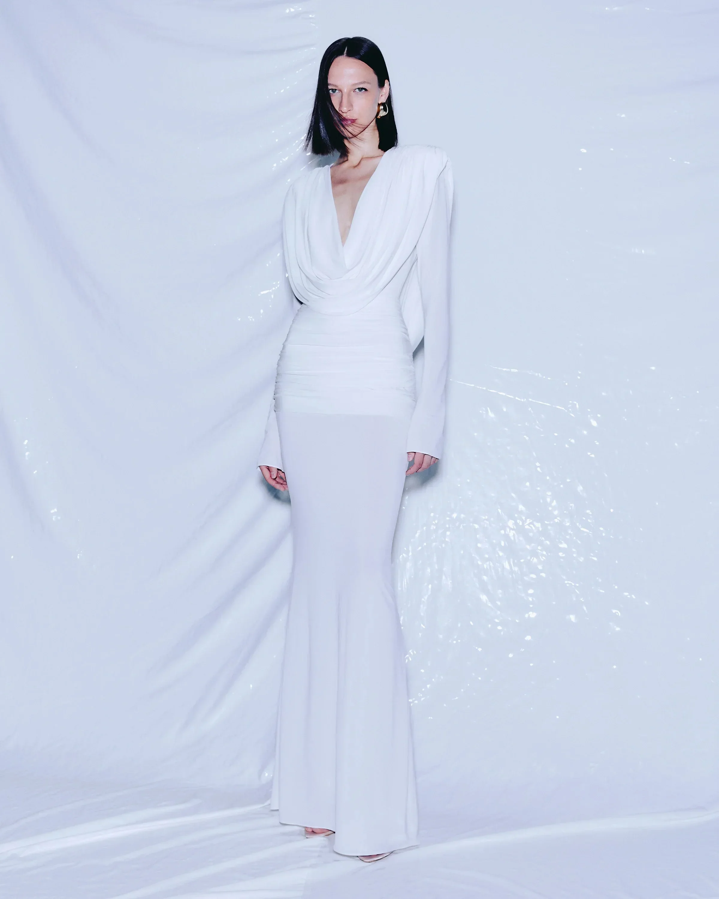 White Color Women Long Sleeve Sexy V-Neck Draped Bodycon Long Dress Fashion Celebrate Evening Party Birthday Outfit - Image 6
