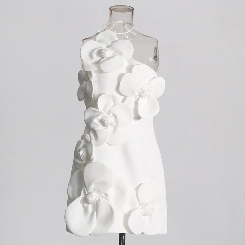 White Color Women Sexy Halter Backless Off the Shoulder Bodycon Mini Dress Florals Birthday Party Celebrate Vacation Dress - Image 3
