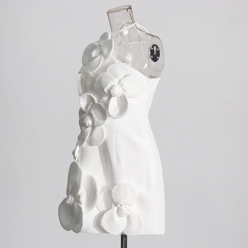 White Color Women Sexy Halter Backless Off the Shoulder Bodycon Mini Dress Florals Birthday Party Celebrate Vacation Dress - Image 4
