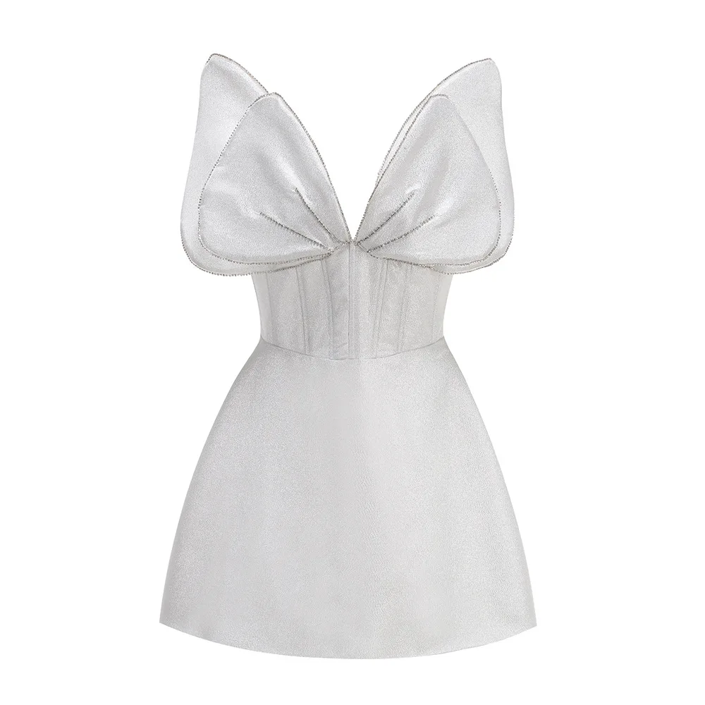 White Color Women Sleeveless Sexy V-Neck A-Line Mini Dress Fashion Birthday Party Celebrate Girls' Vacation Outfit
