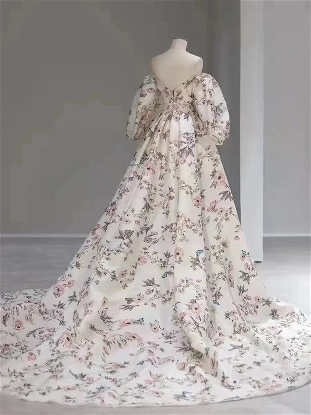 White Floral Print Prom Dress A-line Satin Wedding Dresses Elegant Puffy Sleeves Side Split Long Train Vestidos De Fiesta - Image 2