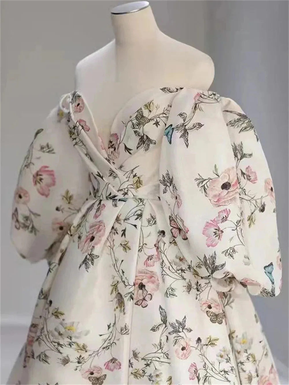 White Floral Print Prom Dress A-line Satin Wedding Dresses Elegant Puffy Sleeves Side Split Long Train Vestidos De Fiesta - Image 3