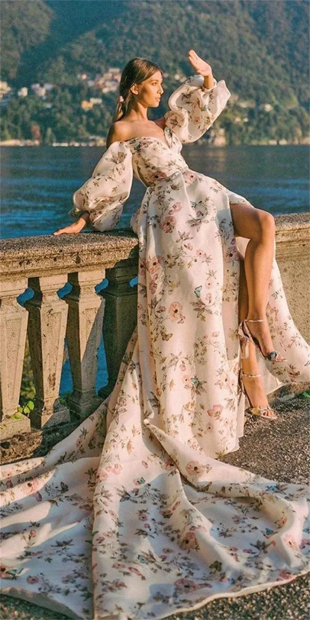 White Floral Print Prom Dress A-line Satin Wedding Dresses Elegant Puffy Sleeves Side Split Long Train Vestidos De Fiesta - Image 4