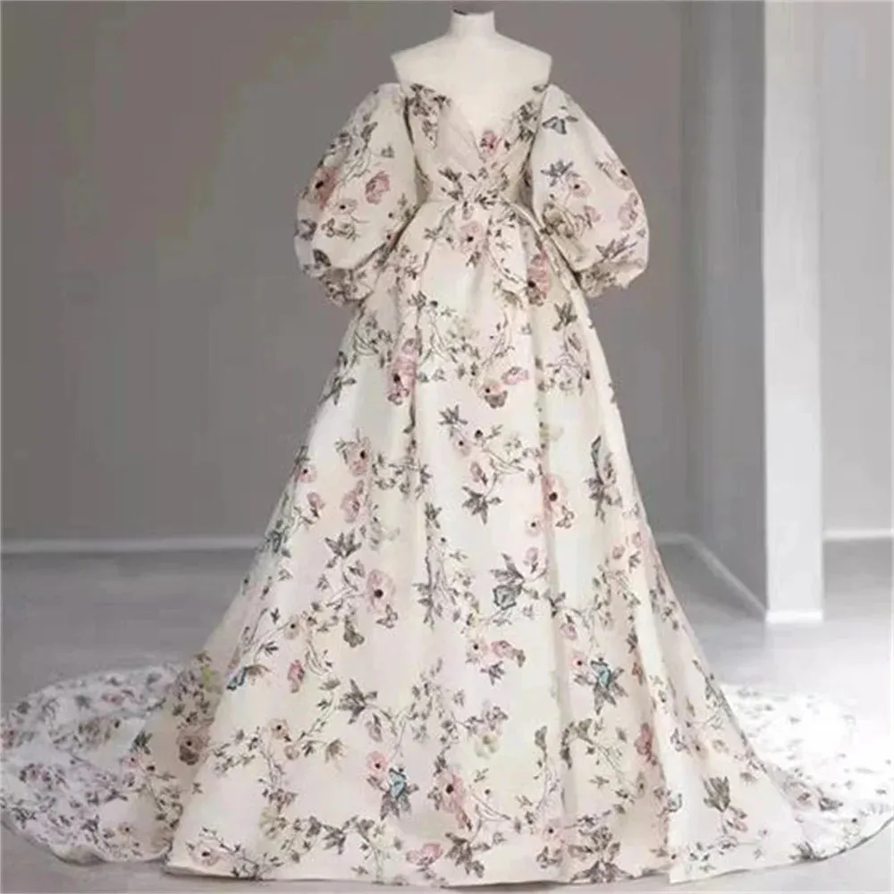 White Floral Print Prom Dress A-line Satin Wedding Dresses Elegant Puffy Sleeves Side Split Long Train Vestidos De Fiesta - Image 6