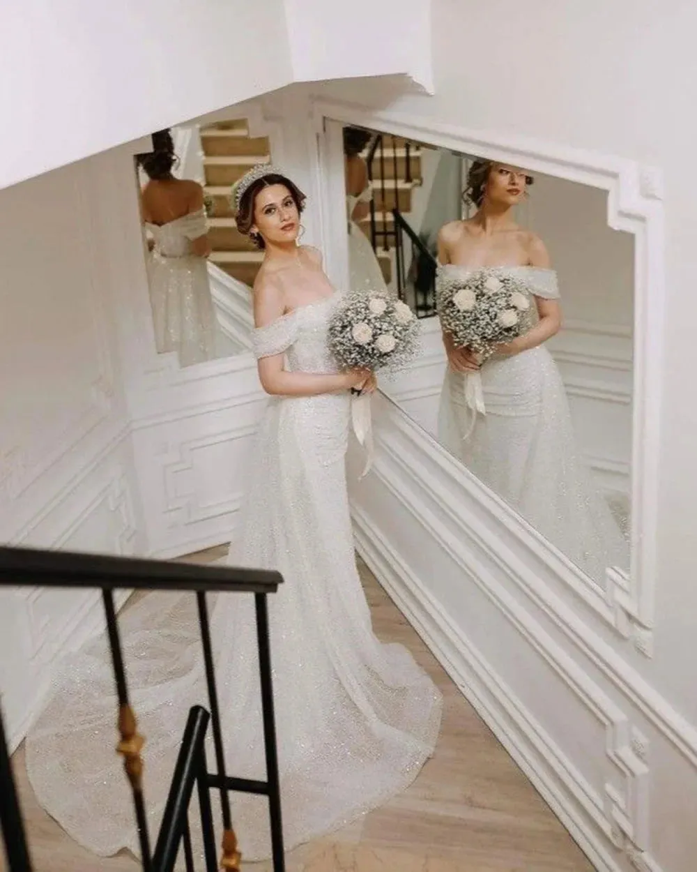 White Glitter Prom Dresses Shiny Sequins Mermaid Wedding Dress Elegant Long Train Off Shoulder Vestidos De Fiesta - Image 2