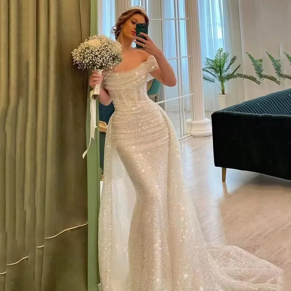 White Glitter Prom Dresses Shiny Sequins Mermaid Wedding Dress Elegant Long Train Off Shoulder Vestidos De Fiesta - Image 3