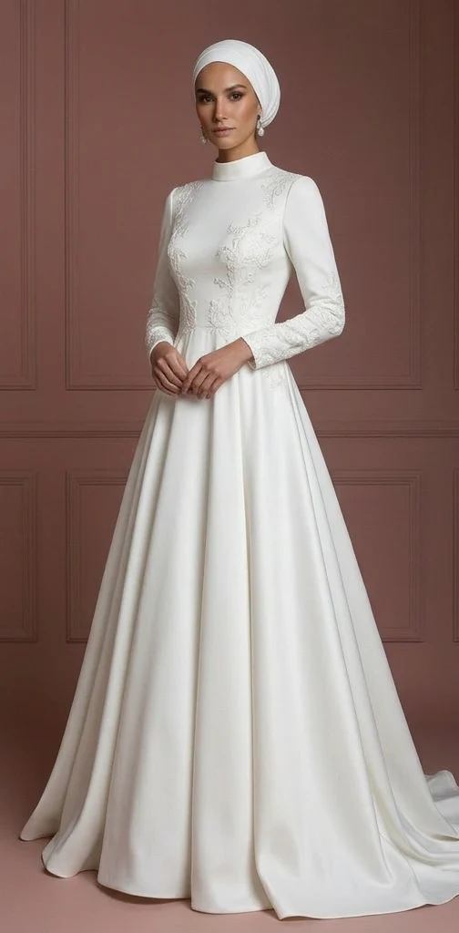 White Hijab Bridal Gown Classic Islamic Wedding Dress Style Muslim - Image 2