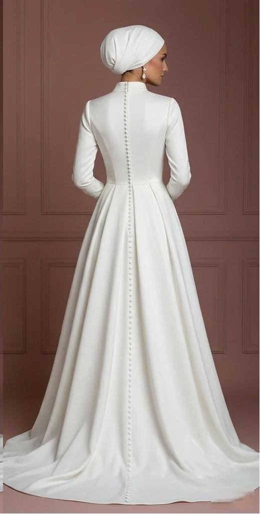 White Hijab Bridal Gown Classic Islamic Wedding Dress Style Muslim - Image 3