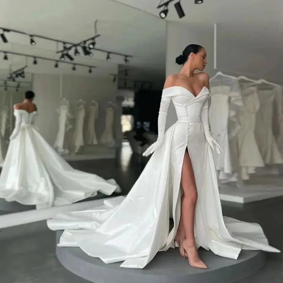 White Ivory Satin Long Wedding Dresses With Detachable Train Off Shoulder High Slit Buttons Gloves Evening Gowns - Image 3