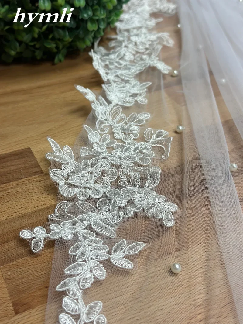 White , Light Ivory 1 Tier Pearl Veil Lace Fingertip Length Bridal Veil - Image 2