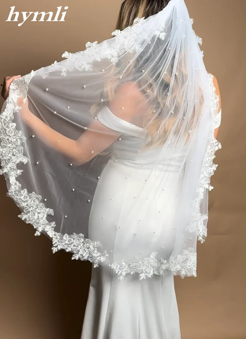 White , Light Ivory 1 Tier Pearl Veil Lace Fingertip Length Bridal Veil - Image 3