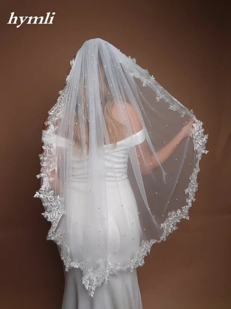 White , Light Ivory 1 Tier Pearl Veil Lace Fingertip Length Bridal Veil - Image 5
