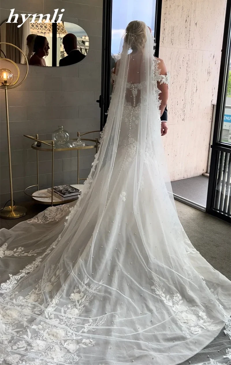 White , Light Ivory 1 Tier Pearl Veil Lace Fingertip Length Bridal Veil - Image 6