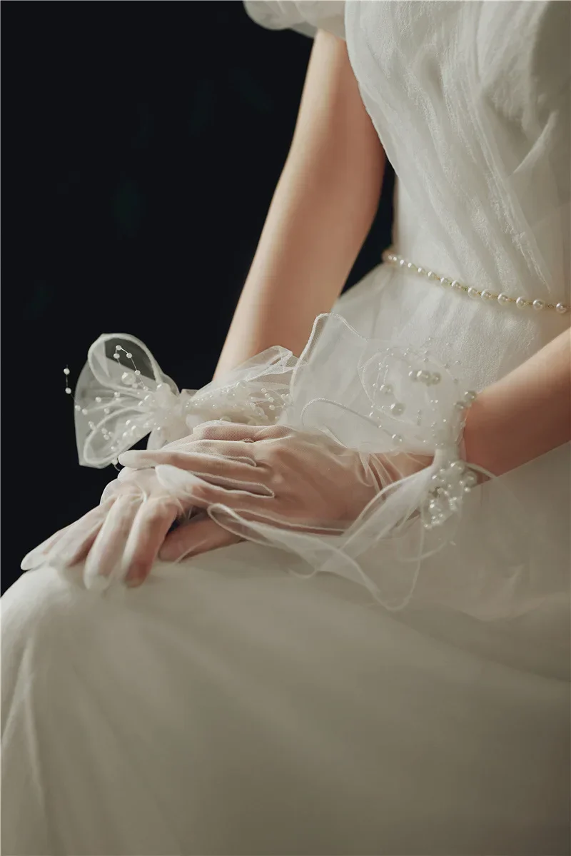 White Short Pearls Bridal Gloves Wristband Wedding Glove For Women Girl Party Evening Dress Jewelry Bride Accessories - Image 3