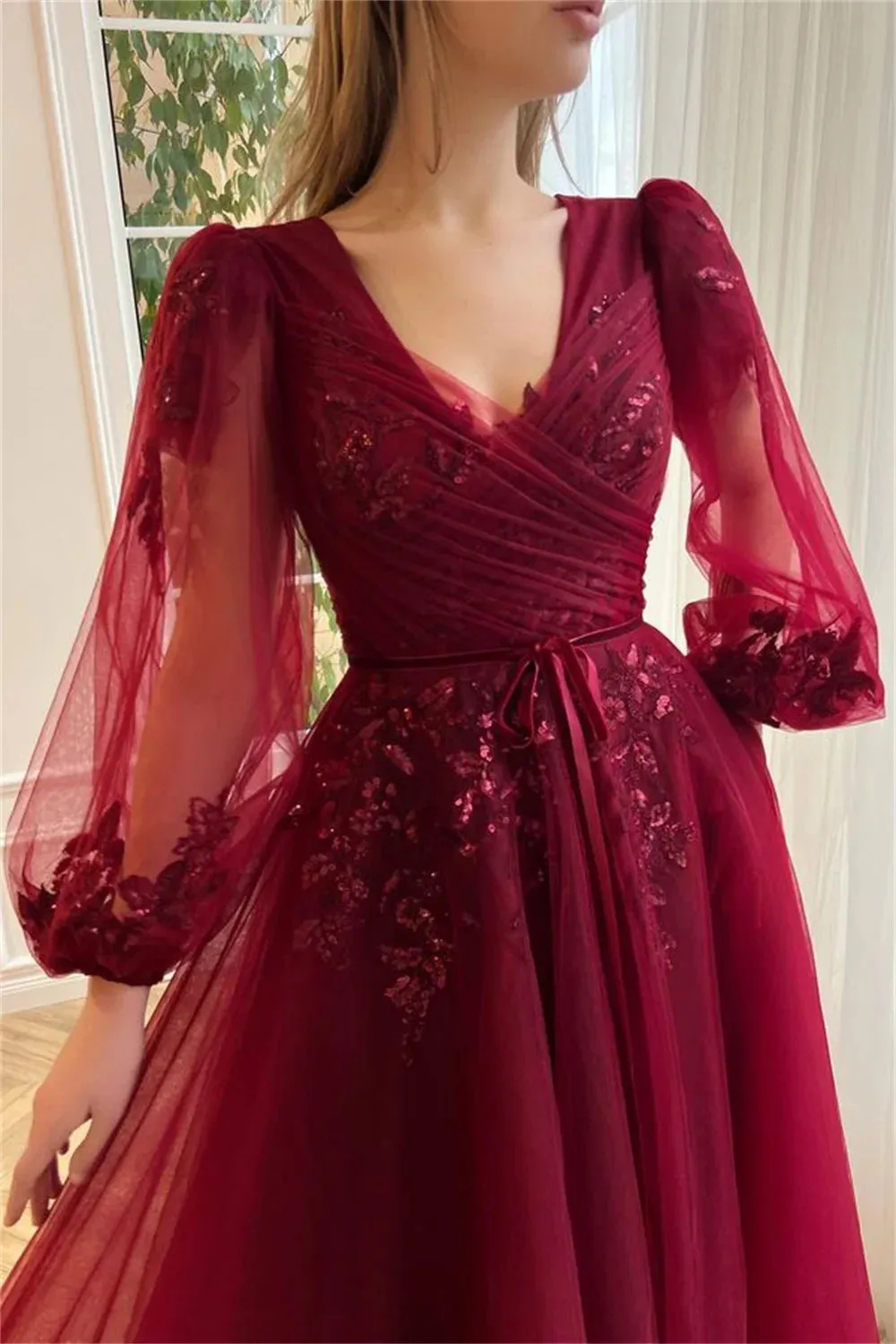 Wine Red Lace Appliques Prom Dresses A-line Tulle Wedding Dress Elegant Long Sleeves Floor-Length Vestidos De Fiesta - Image 2