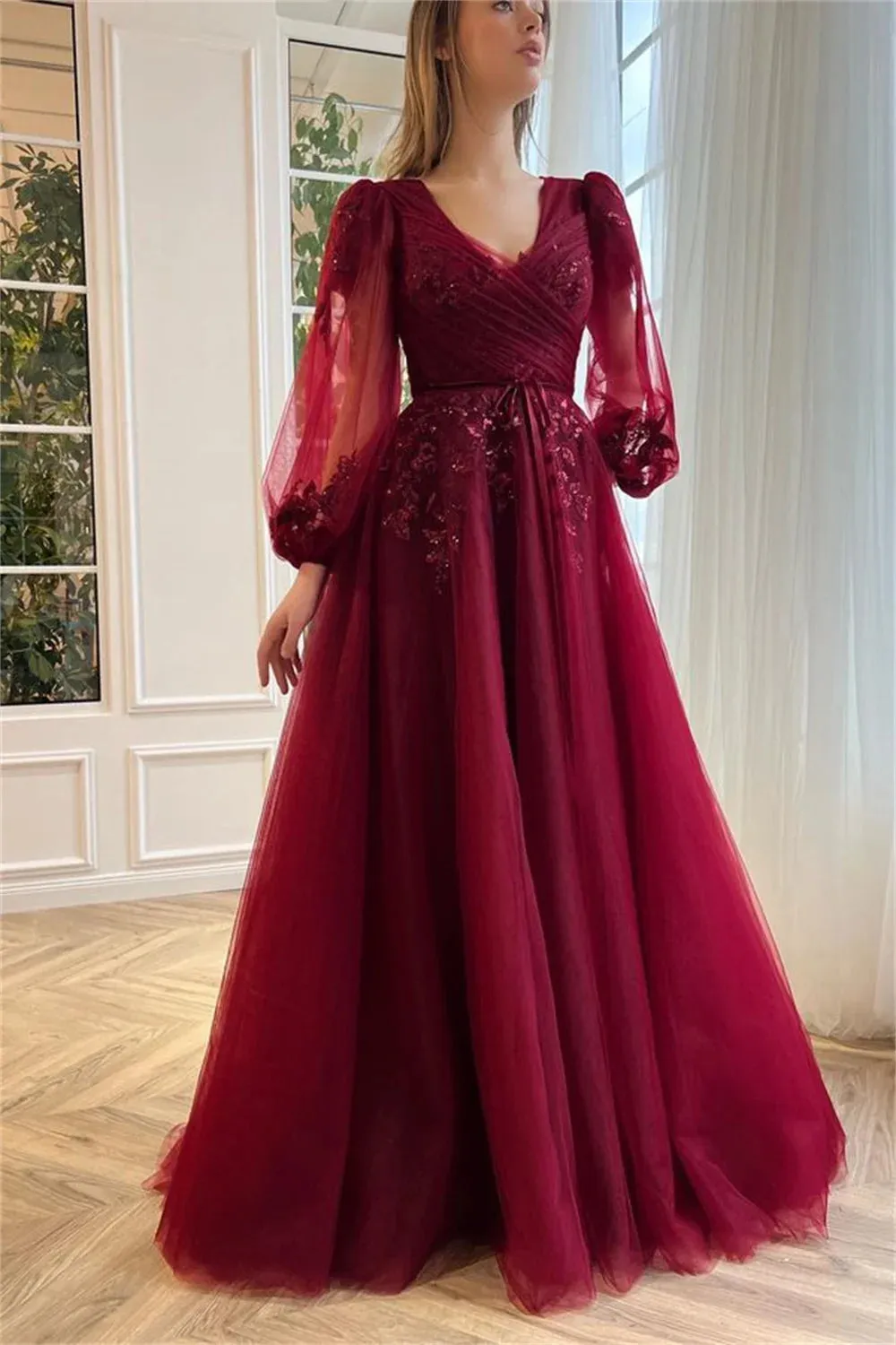 Wine Red Lace Appliques Prom Dresses A-line Tulle Wedding Dress Elegant Long Sleeves Floor-Length Vestidos De Fiesta - Image 3
