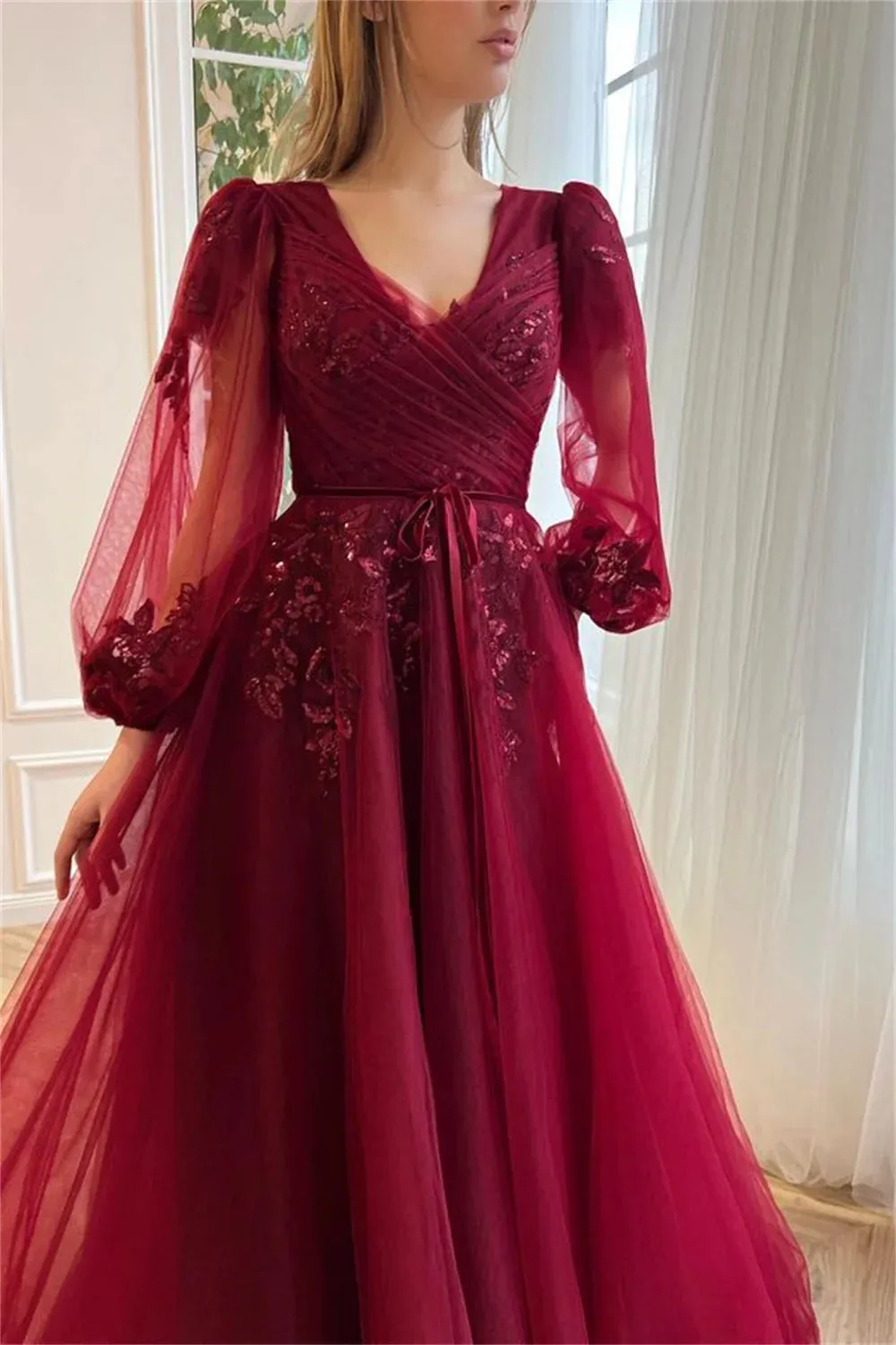 Wine Red Lace Appliques Prom Dresses A-line Tulle Wedding Dress Elegant Long Sleeves Floor-Length Vestidos De Fiesta - Image 4