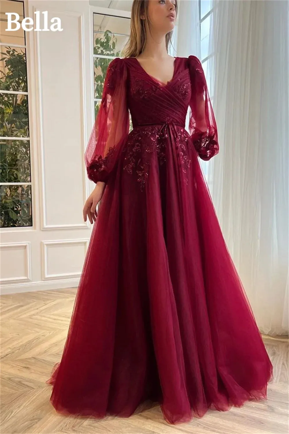 Wine Red Lace Appliques Prom Dresses A-line Tulle Wedding Dress Elegant Long Sleeves Floor-Length Vestidos De Fiesta - Image 6