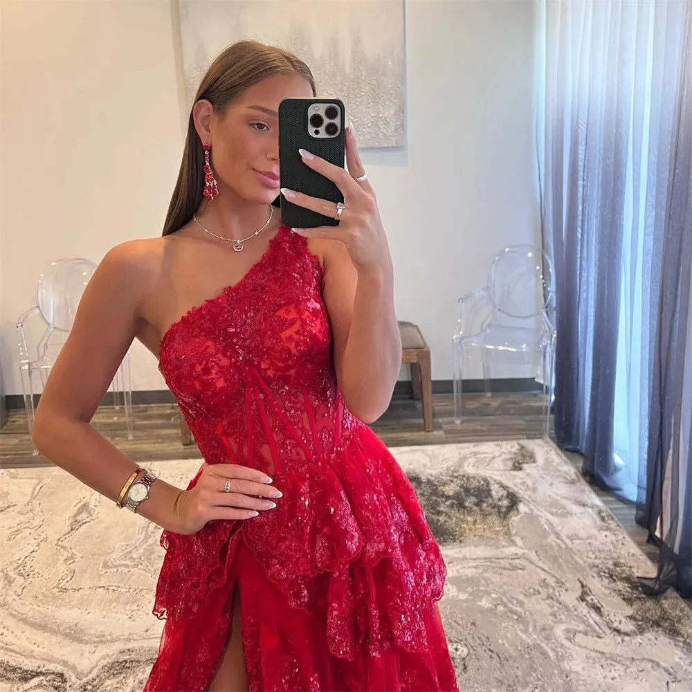 Wine Red Prom Dresses Lace Sequins Evening Dress Sleeveless One Shoulder Backless Side Split Party vestidos de fiesta - Image 2