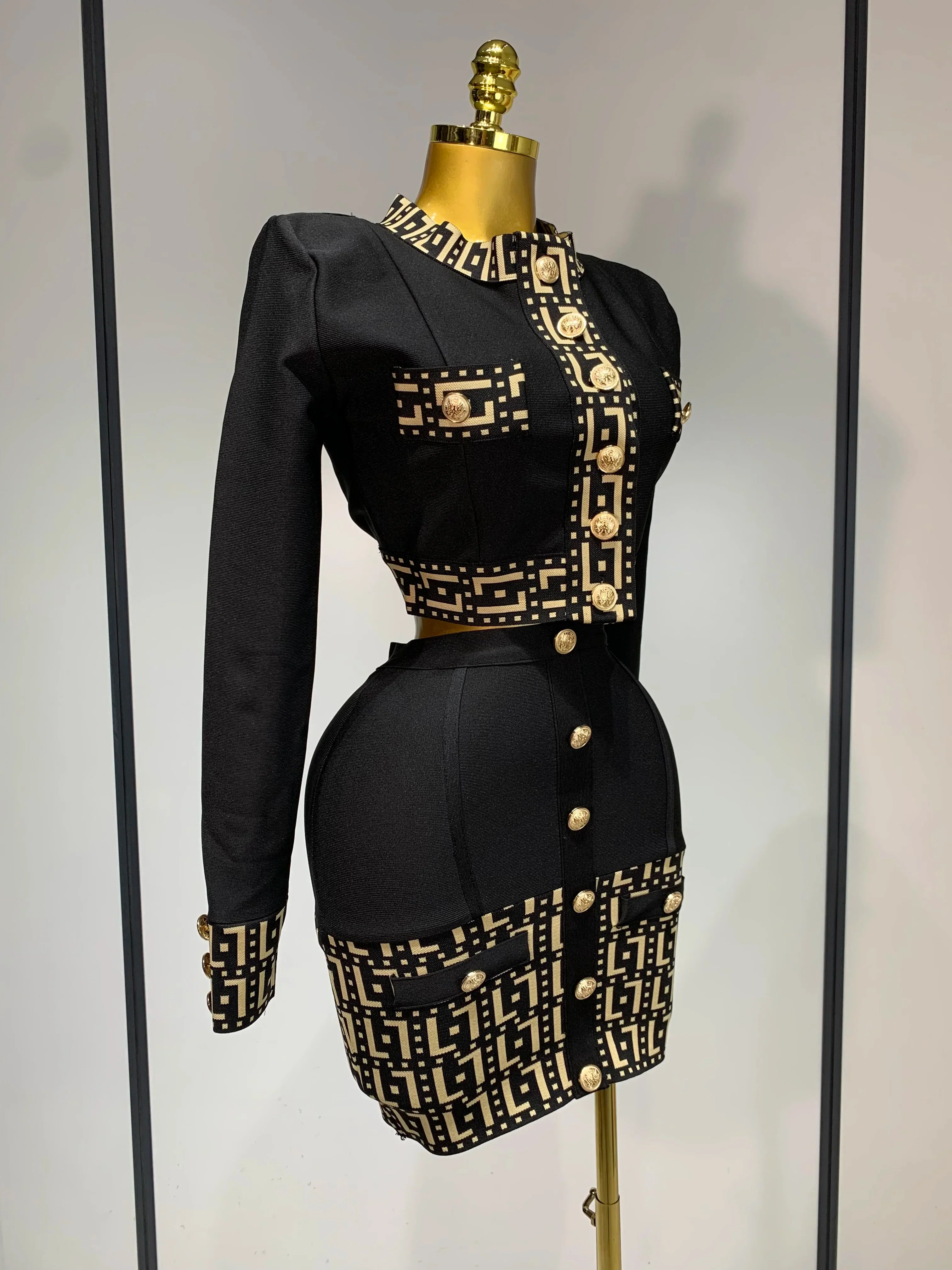 Women Black Long Sleeves Two Pieces Bandage Set Bottons Top Bodycon Mini Skirt Suit Evening Party Luxury Birthday Women's Outfit - Image 2