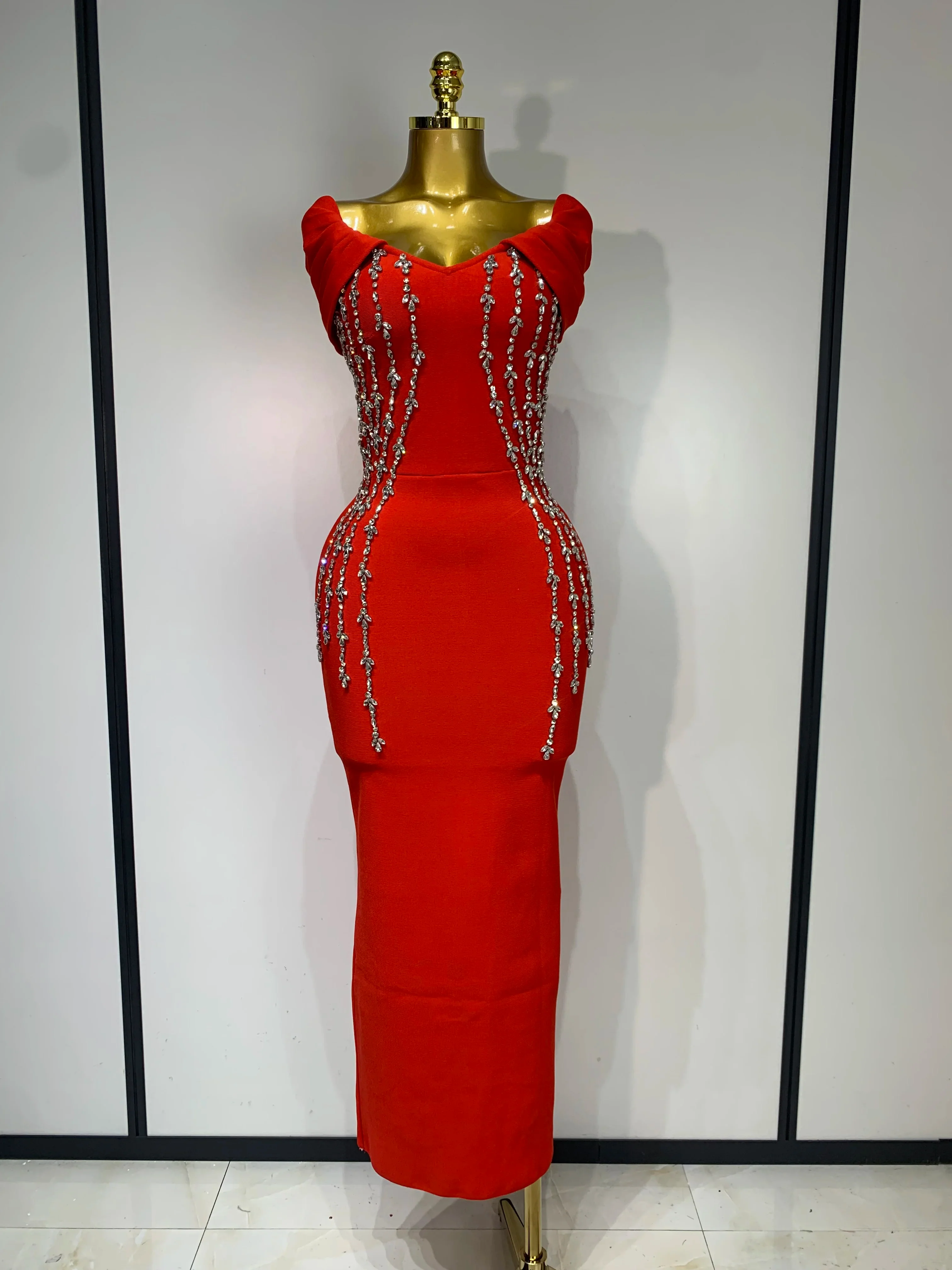 Women Black Red Long Bodycon Bandage Dress Luxury Rhinestone Evening Party Celebrity Elegant Club Wedding Guest Dresses - Image 7