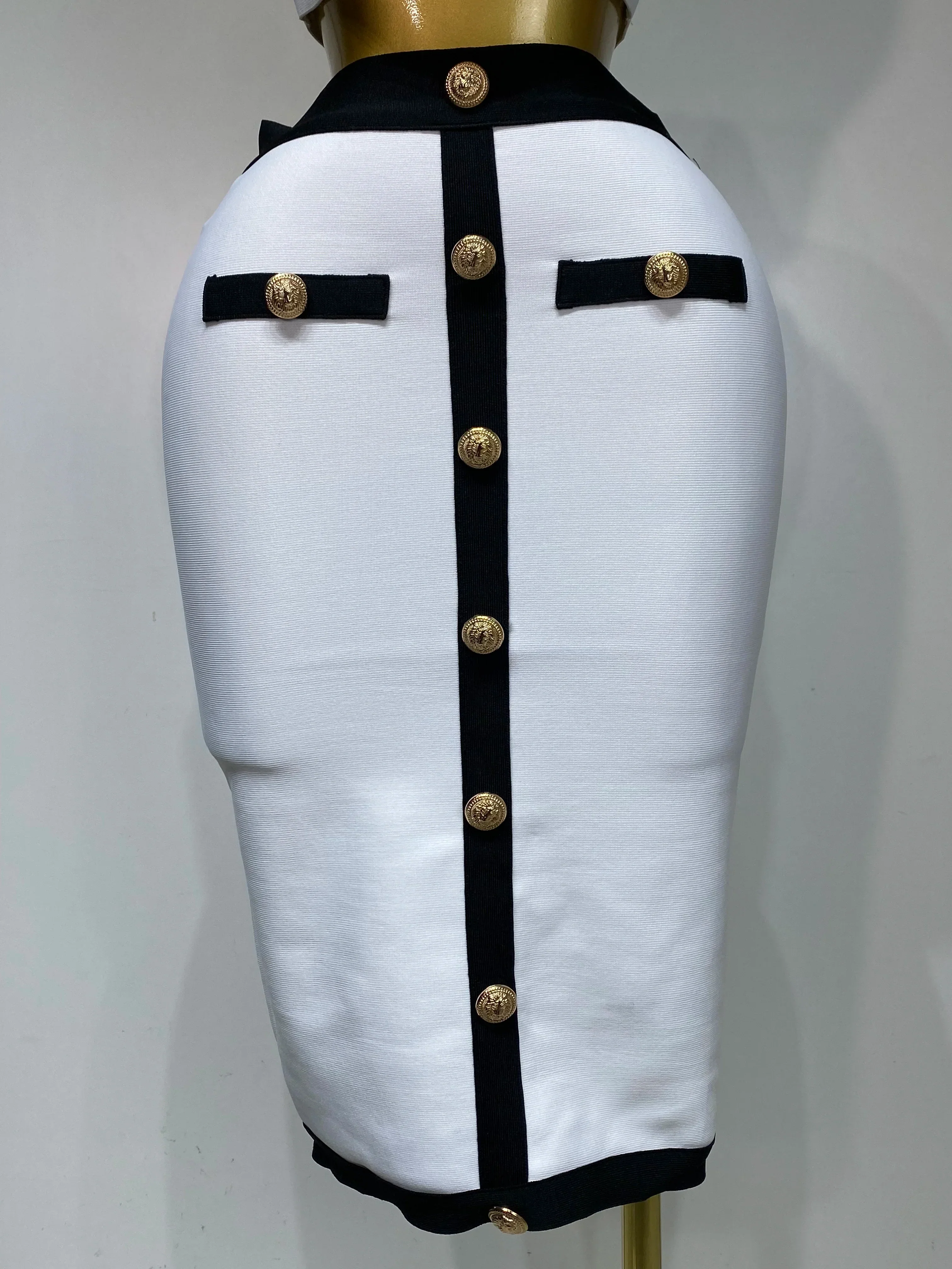Women Button Patchwork White Black Bodycon Bandage Two Piece Set Designer High Waist Party Club Skirt Set - Image 6