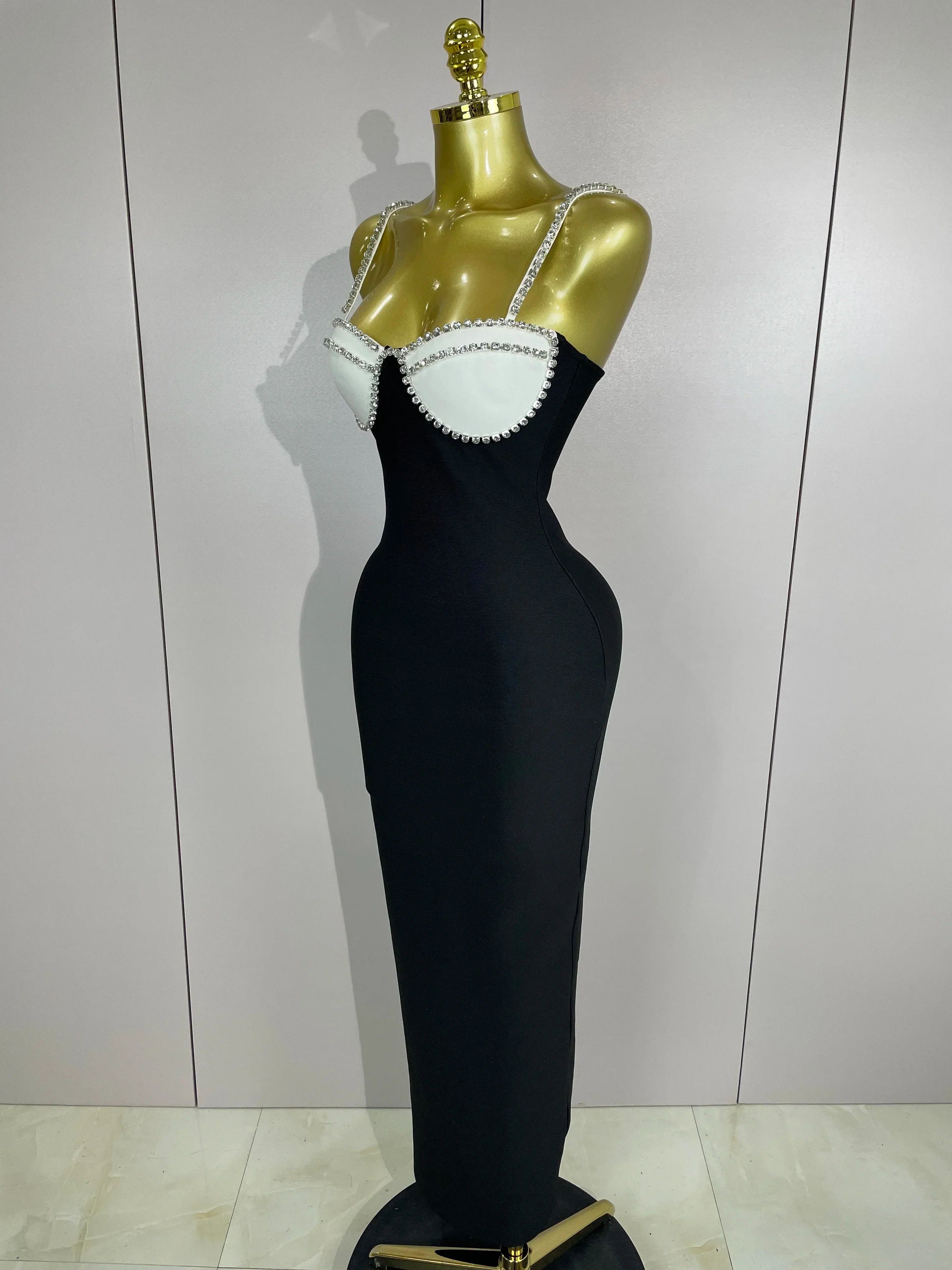 Women Celebrity Sexy Backless Diamonds Patchwork Black Red Maxi Long Bodycon Bandage Dress Elegant Evening Club Party Dress - Image 2