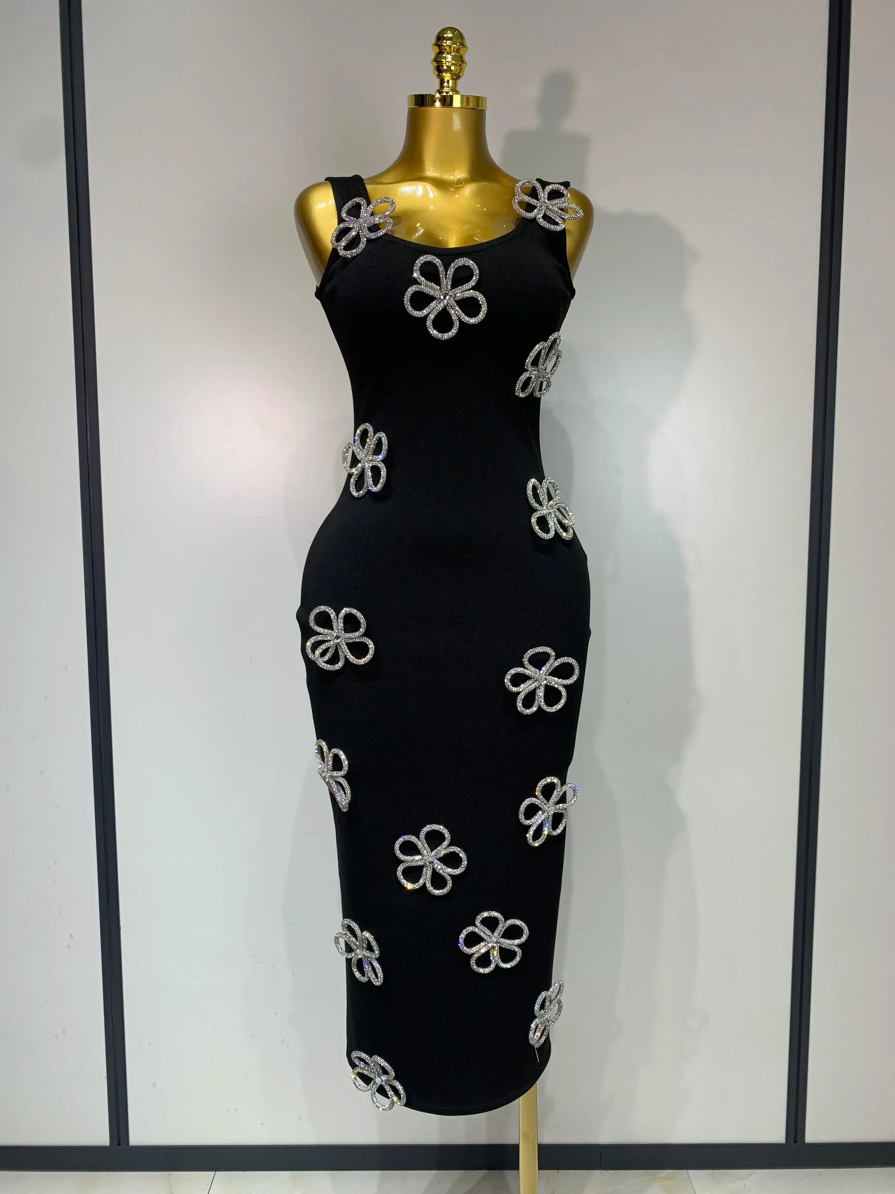 Women Celebrity Sexy Diamonds Flower Black Long Bodycon Bandage Dress Elegant Evening Club Party Luxury Birthday Dresses