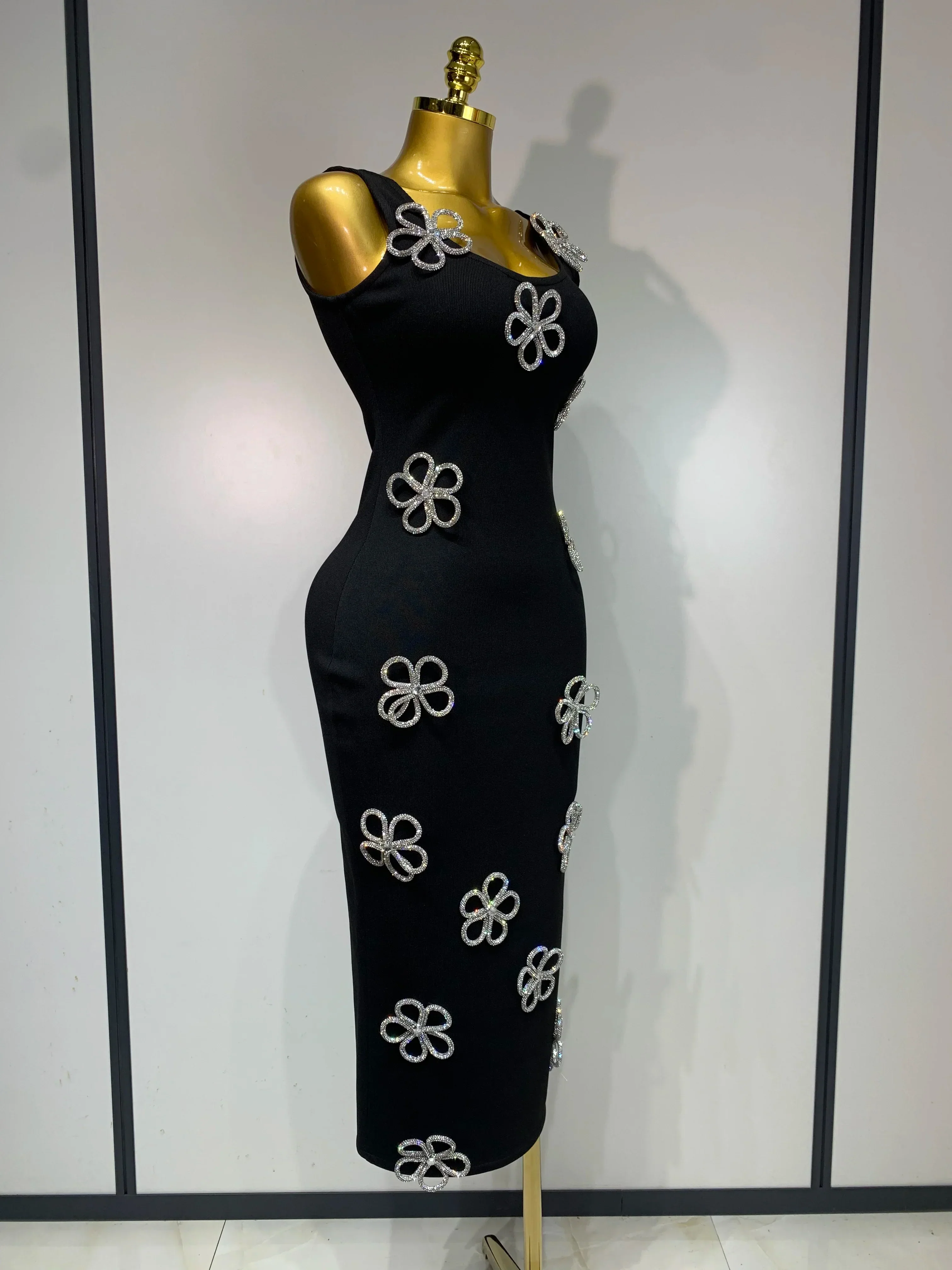 Women Celebrity Sexy Diamonds Flower Black Long Bodycon Bandage Dress Elegant Evening Club Party Luxury Birthday Dresses - Image 2