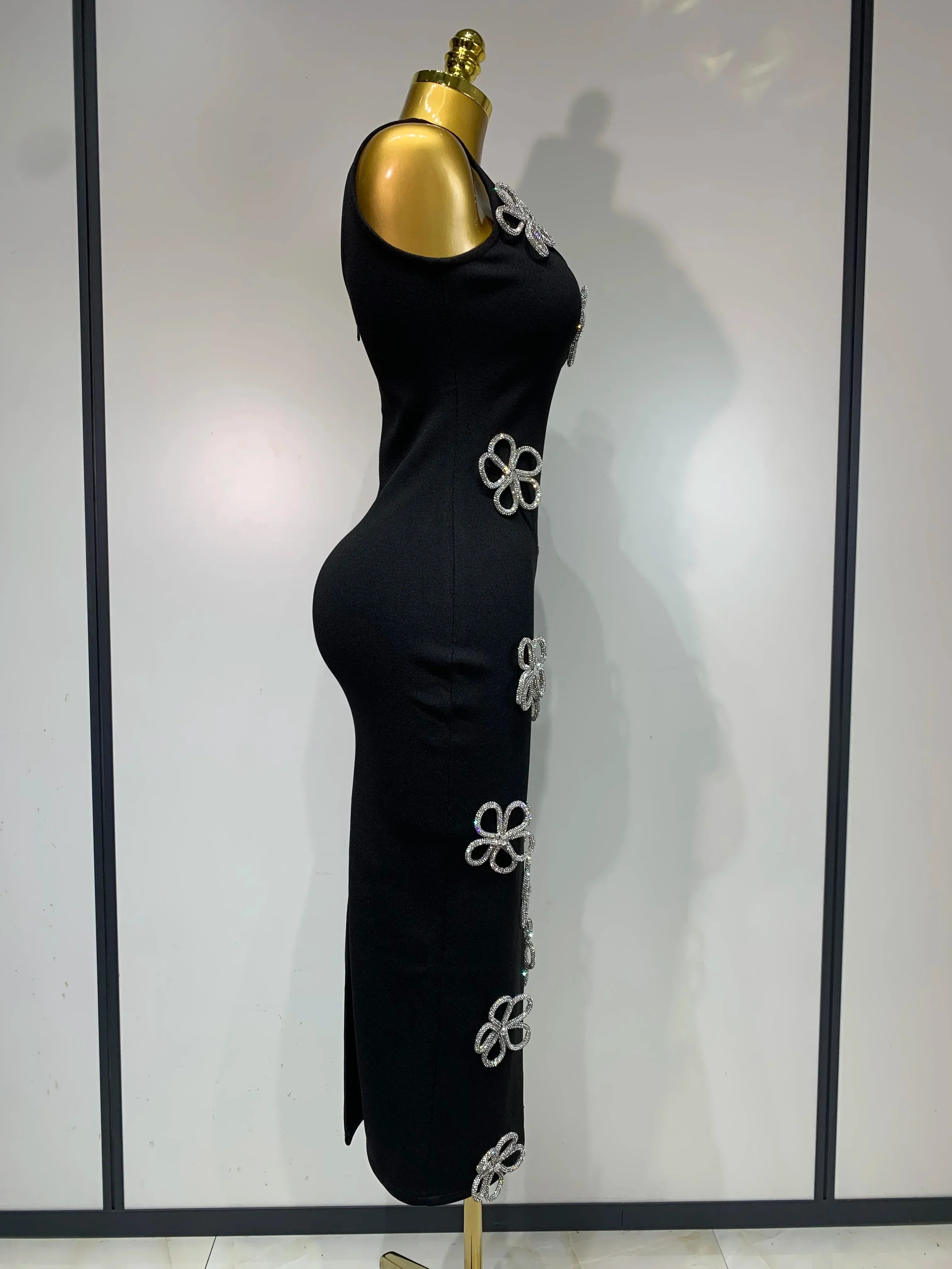 Women Celebrity Sexy Diamonds Flower Black Long Bodycon Bandage Dress Elegant Evening Club Party Luxury Birthday Dresses - Image 3