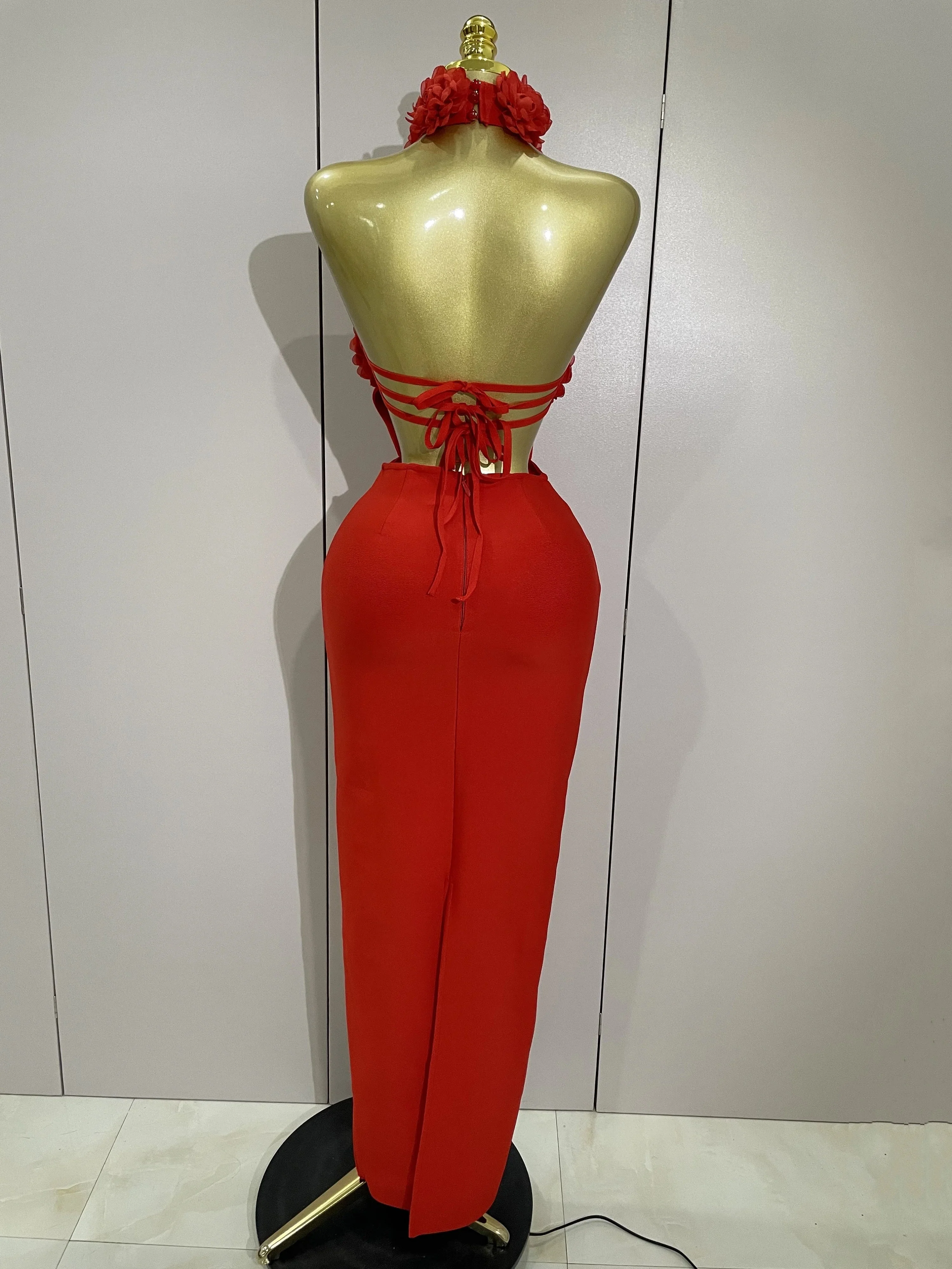 Women Celebrity Sexy Halter Backless Flower Long Bandage Bodycon Dress  Luxury Birthday Dress Elegant Evening Party Outfit - Image 3
