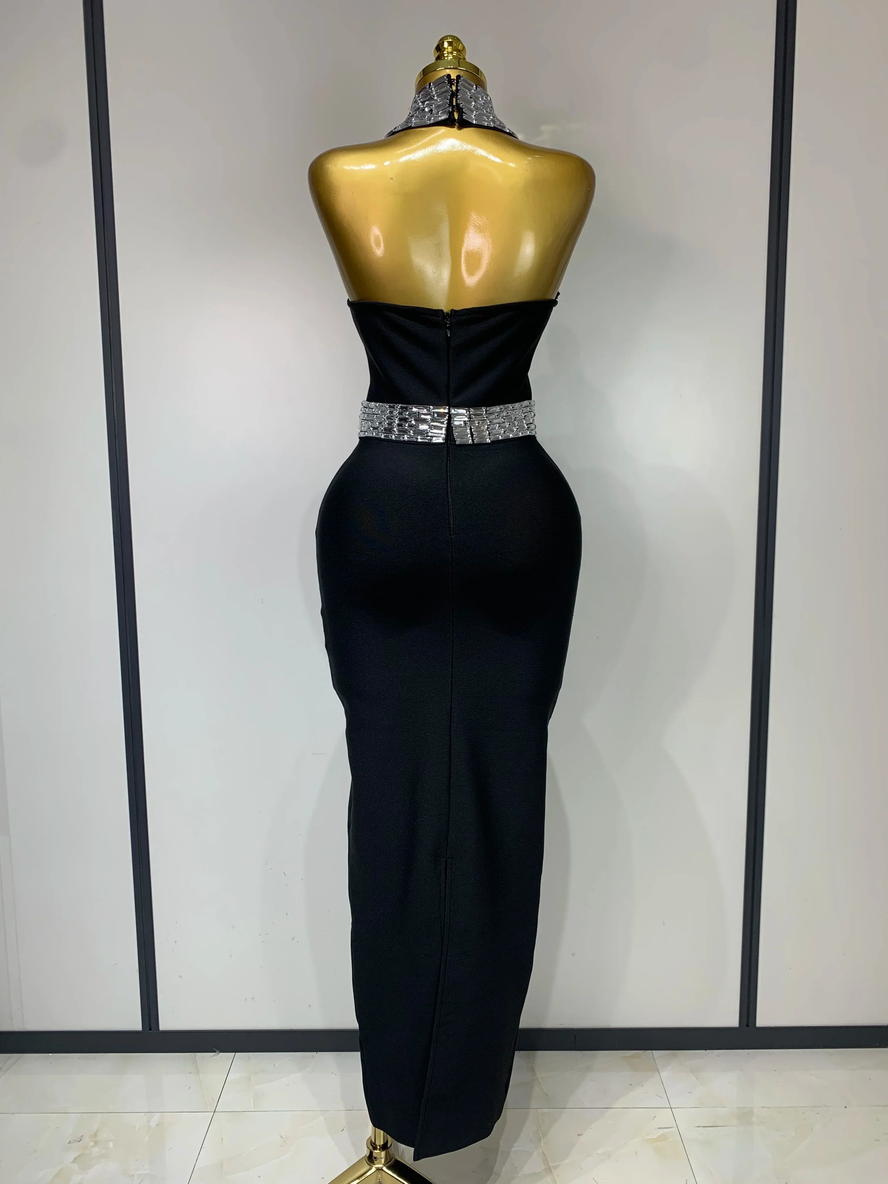 Women Celebrity Sexy Halter Diamonds Black Midi Bodycon Bandage Dress Elegant Evening Club Party Outfit Luxury Birthday Dress - Image 4