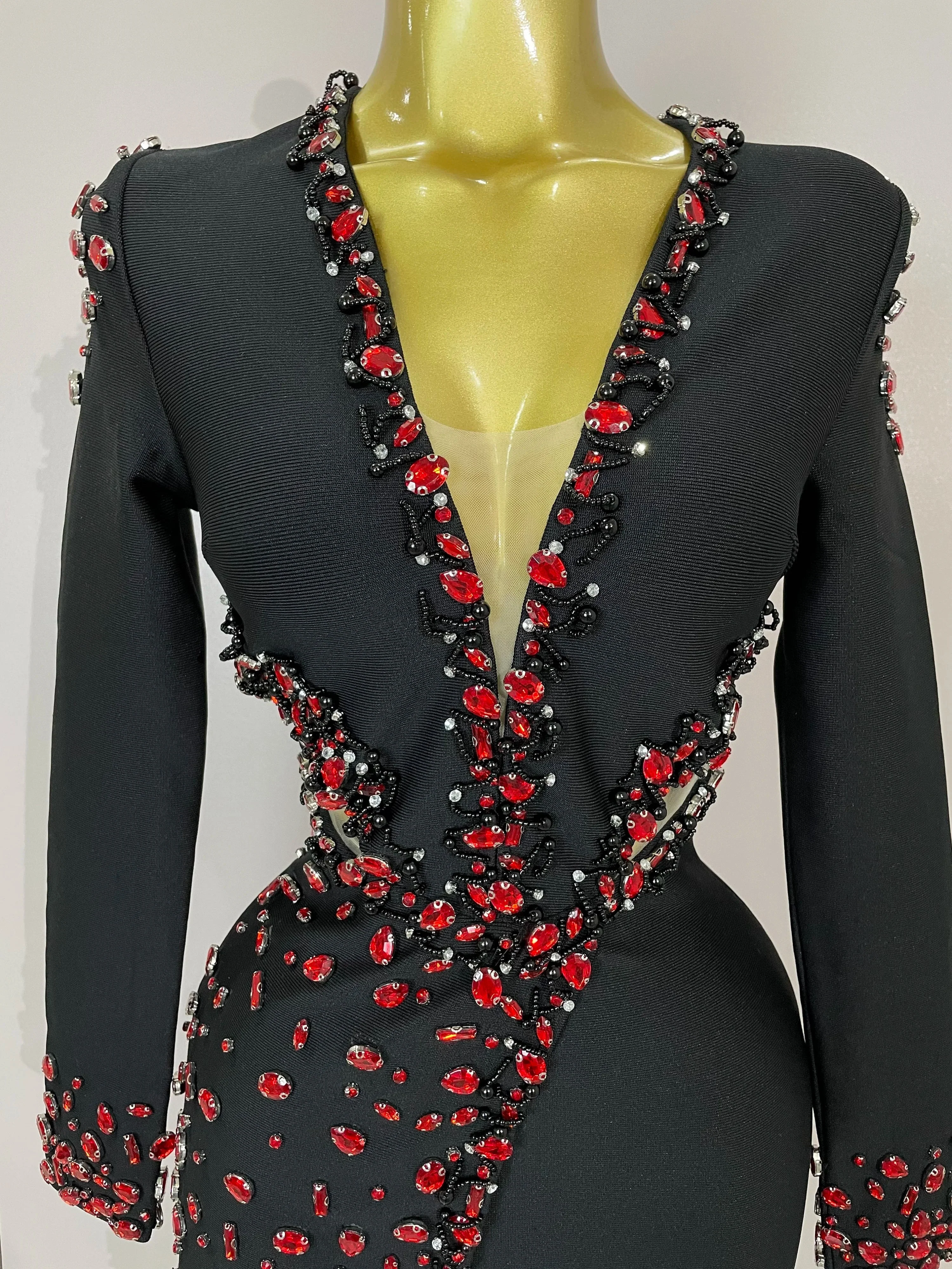 Women Celebrity Sexy Long Sleeve V Neck Rhinestone Black Bandage Dress  Elegant Evening Club Luxury Birthday Party Dresses - Image 5