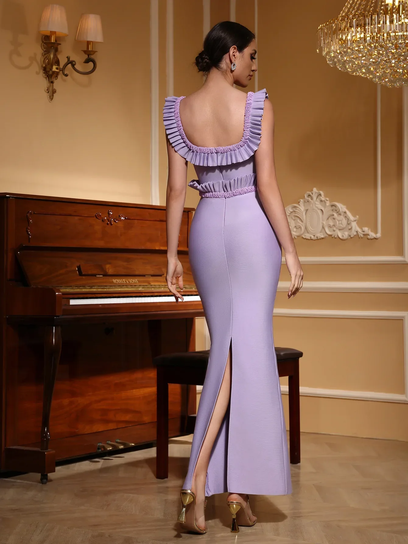 Women Celebrity Sexy O Neck Ruffles Purple Beading Maxi Long Bodycon Bandage Dress Elegant Evening Club Party Dress - Image 4