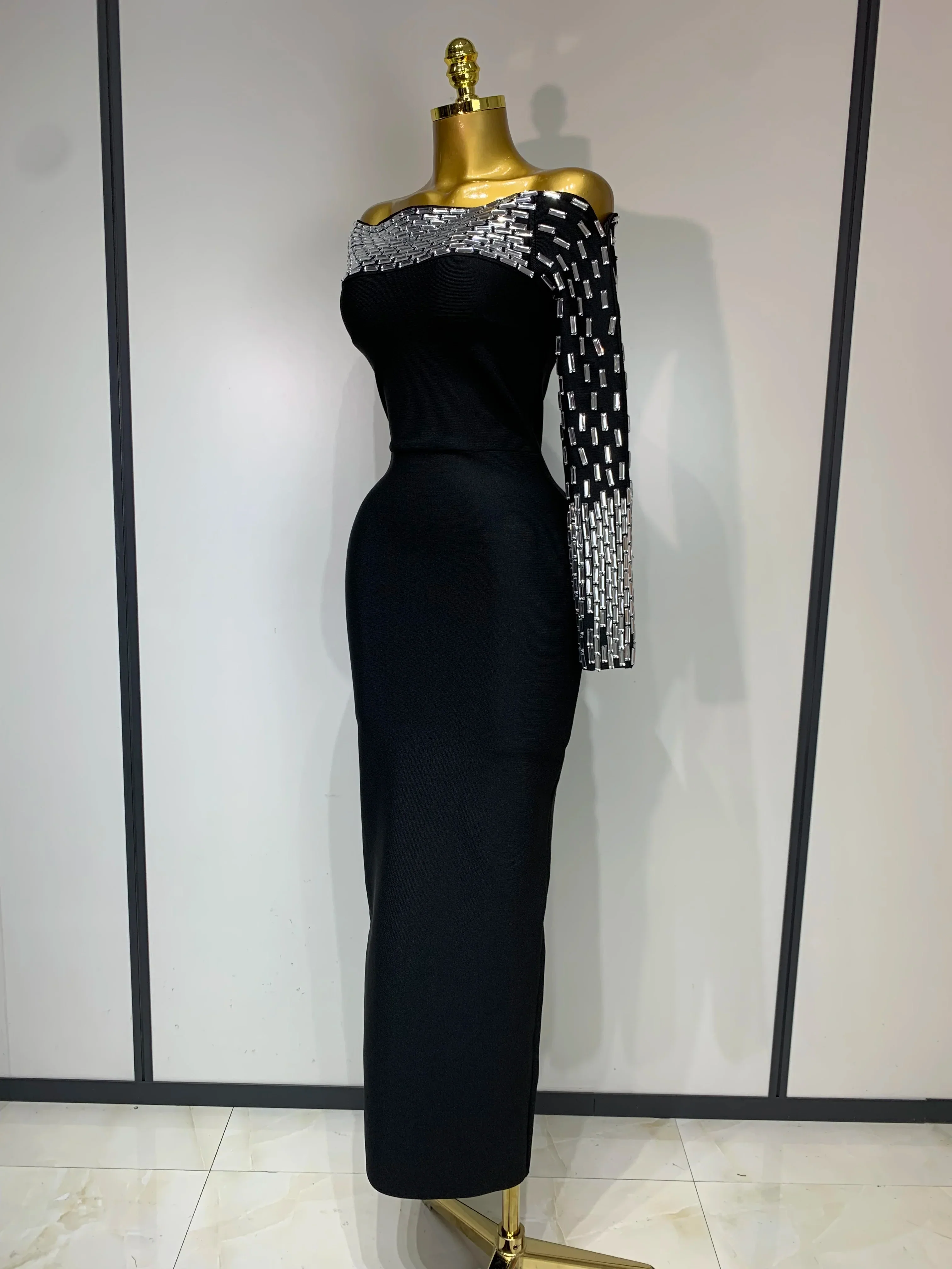 Women Celebrity Sexy Off-shoulder Diamonds Black Maxi Long Bandage Dress Evening Party Celebirty Elegant Stage Performance Dress - Image 2