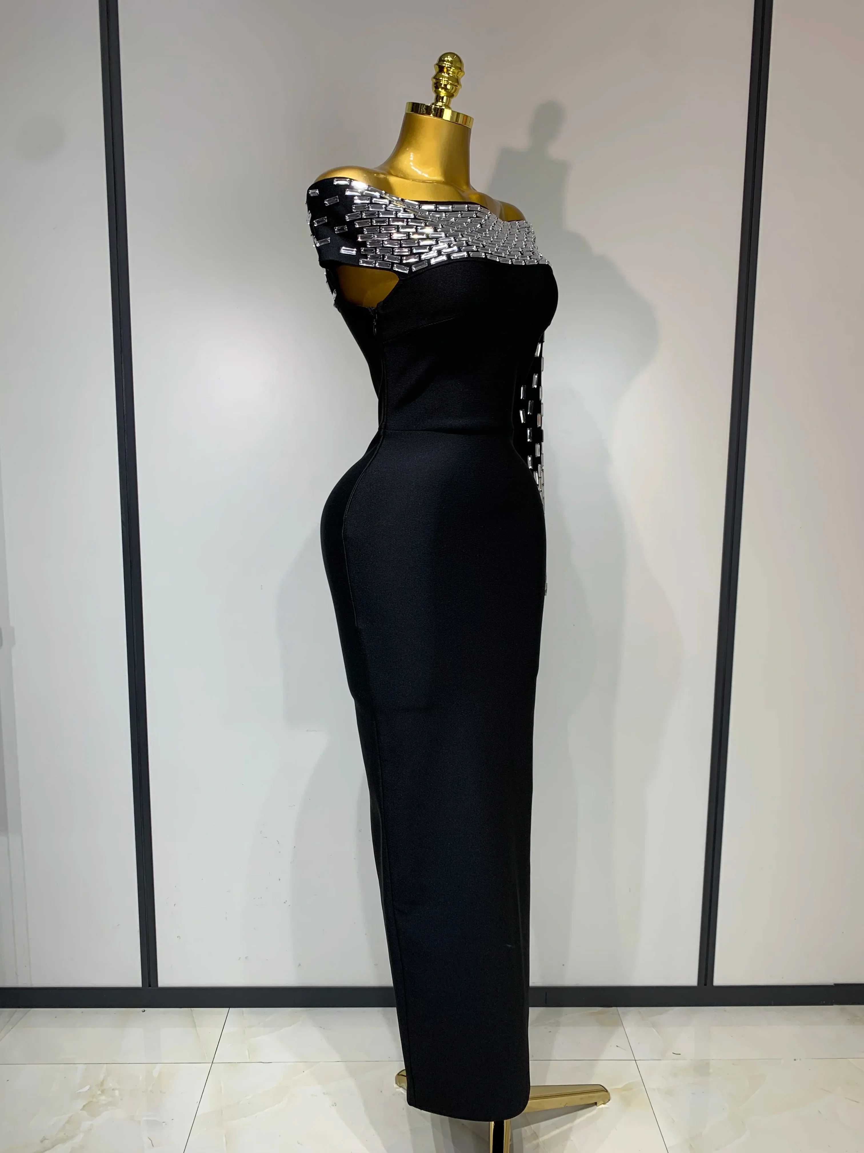 Women Celebrity Sexy Off-shoulder Diamonds Black Maxi Long Bandage Dress Evening Party Celebirty Elegant Stage Performance Dress - Image 3