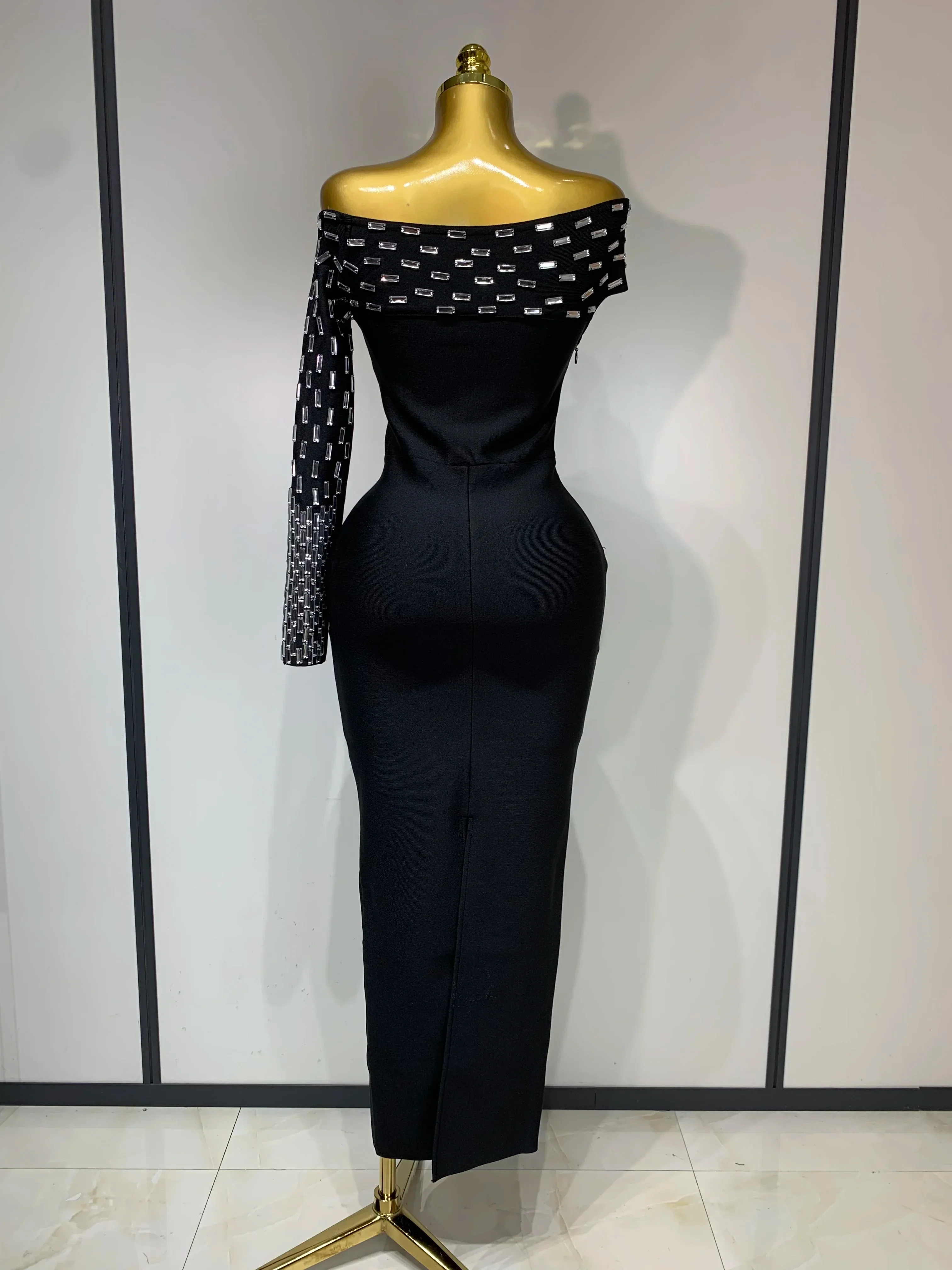 Women Celebrity Sexy Off-shoulder Diamonds Black Maxi Long Bandage Dress Evening Party Celebirty Elegant Stage Performance Dress - Image 4