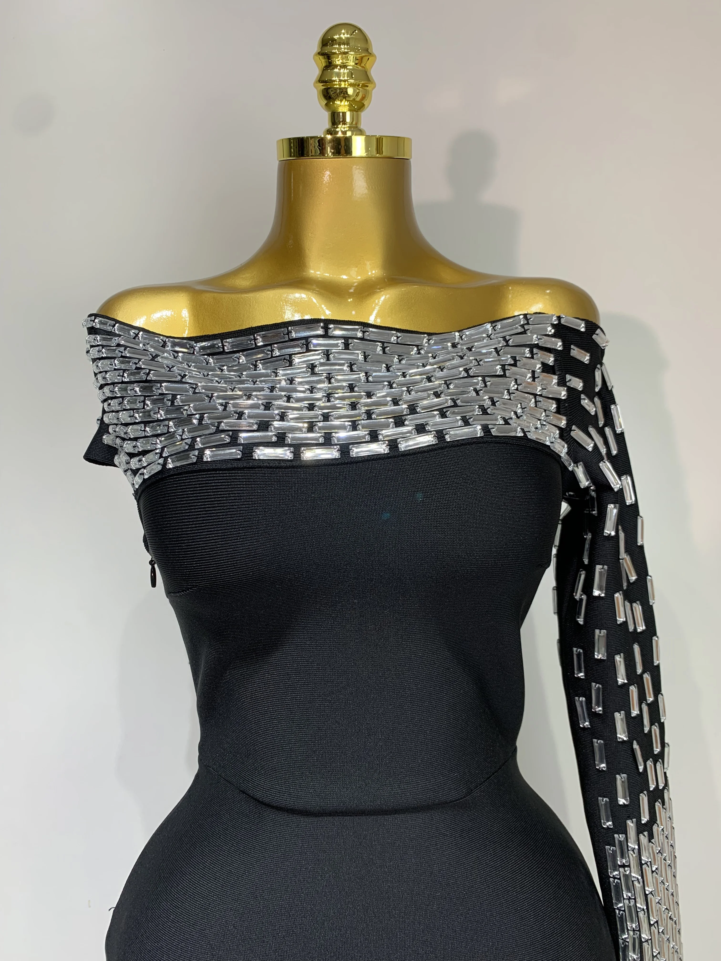 Women Celebrity Sexy Off-shoulder Diamonds Black Maxi Long Bandage Dress Evening Party Celebirty Elegant Stage Performance Dress - Image 5