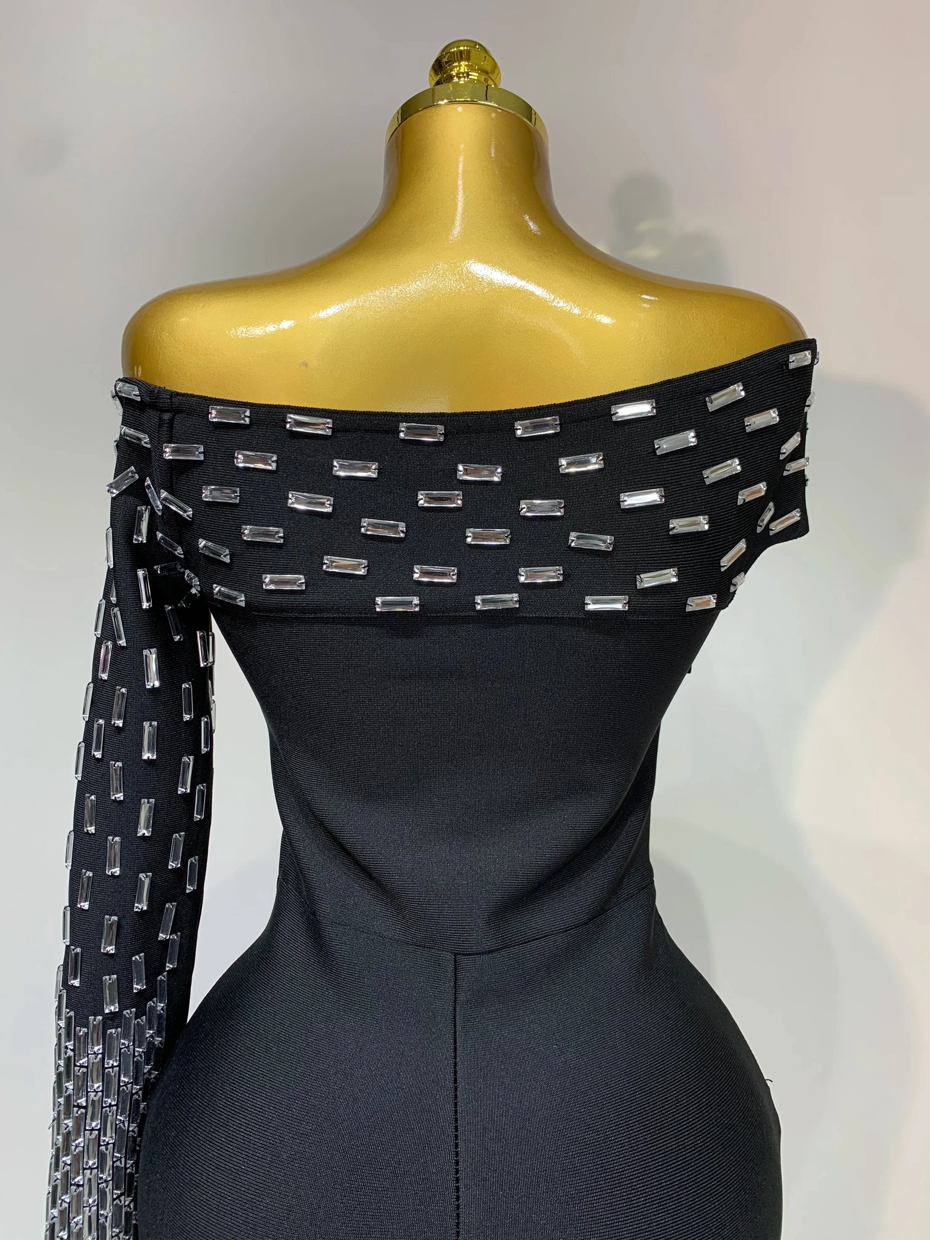 Women Celebrity Sexy Off-shoulder Diamonds Black Maxi Long Bandage Dress Evening Party Celebirty Elegant Stage Performance Dress - Image 6