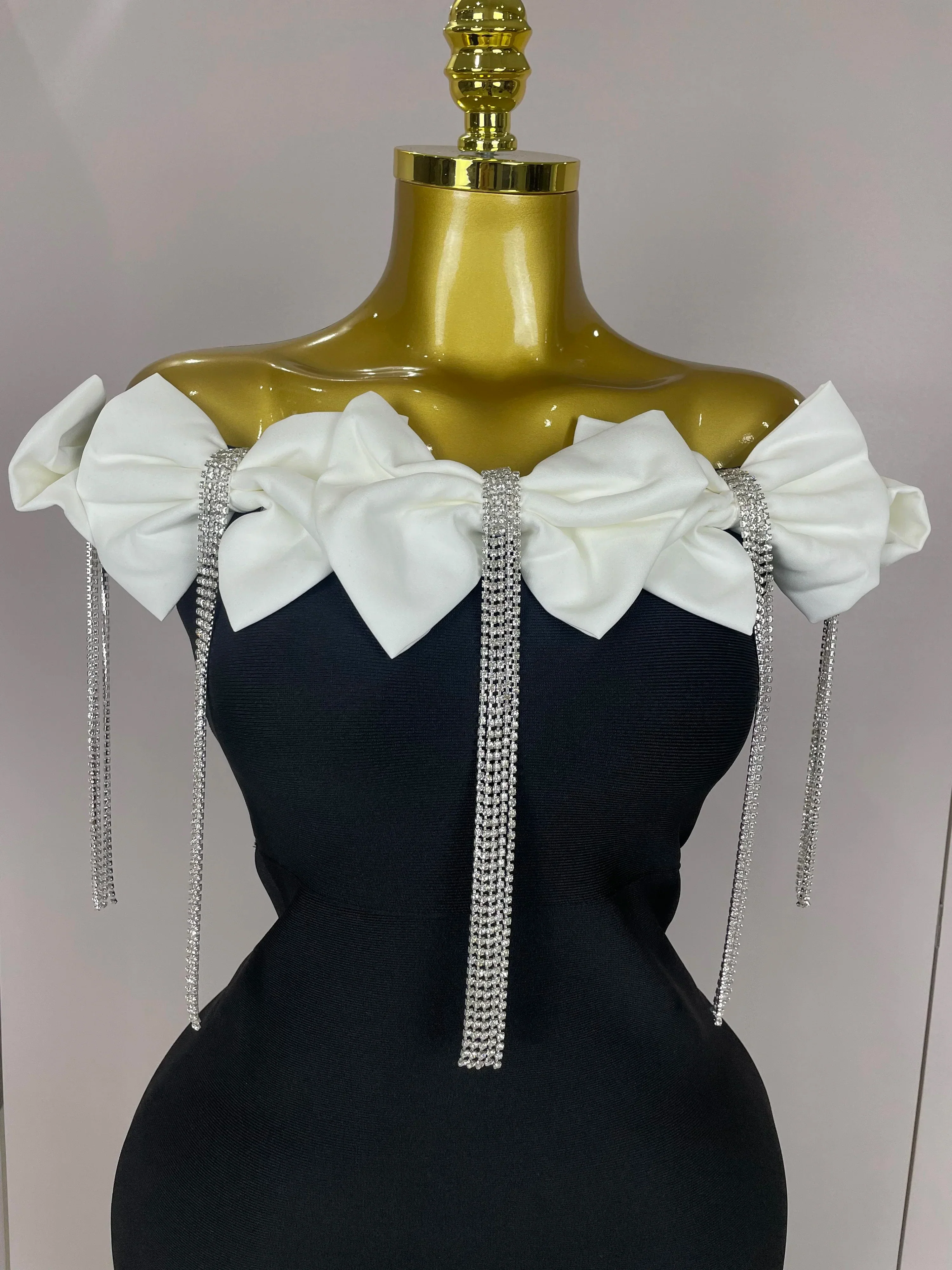 Women Celebrity Sexy Off Shoulder Flower Diamonds Black Bow Tie Maxi Long XL Bandage Dress Elegant Evening Club Party Dress