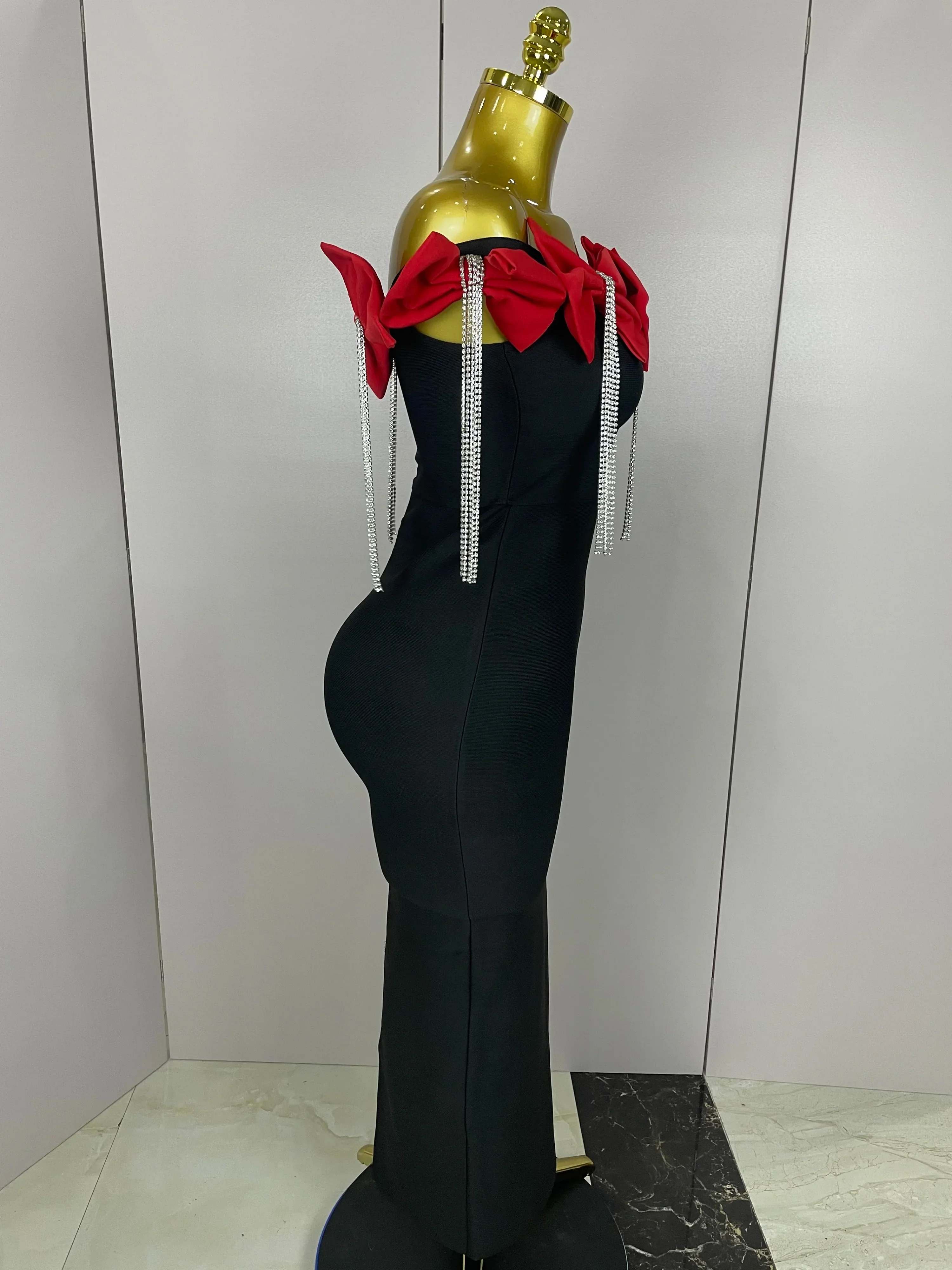 Women Celebrity Sexy Off Shoulder Flower Diamonds Black Bow Tie Maxi Long XL Bandage Dress Elegant Evening Club Party Dress - Image 2