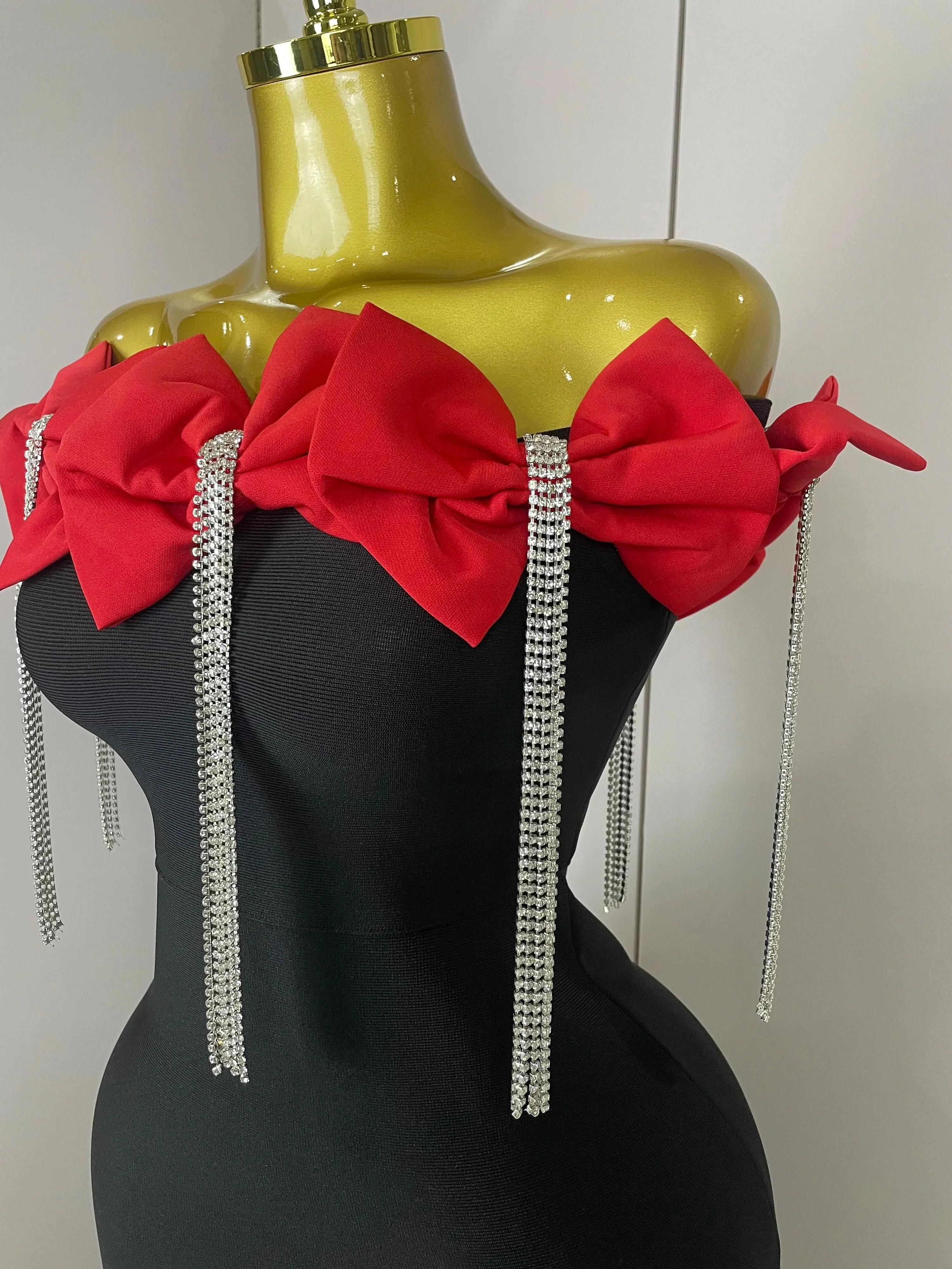 Women Celebrity Sexy Off Shoulder Flower Diamonds Black Bow Tie Maxi Long XL Bandage Dress Elegant Evening Club Party Dress - Image 3