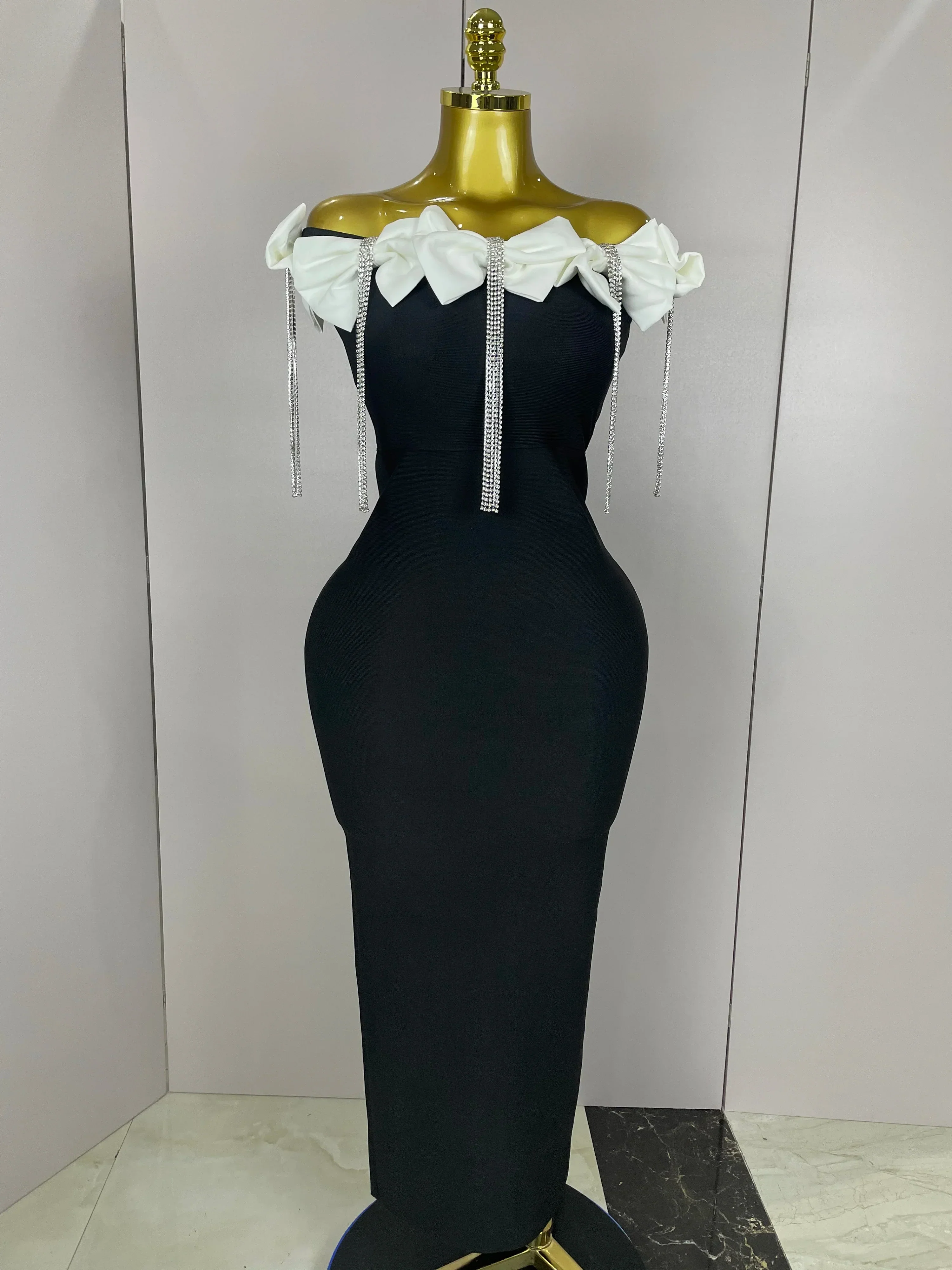 Women Celebrity Sexy Off Shoulder Flower Diamonds Black Bow Tie Maxi Long XL Bandage Dress Elegant Evening Club Party Dress - Image 4