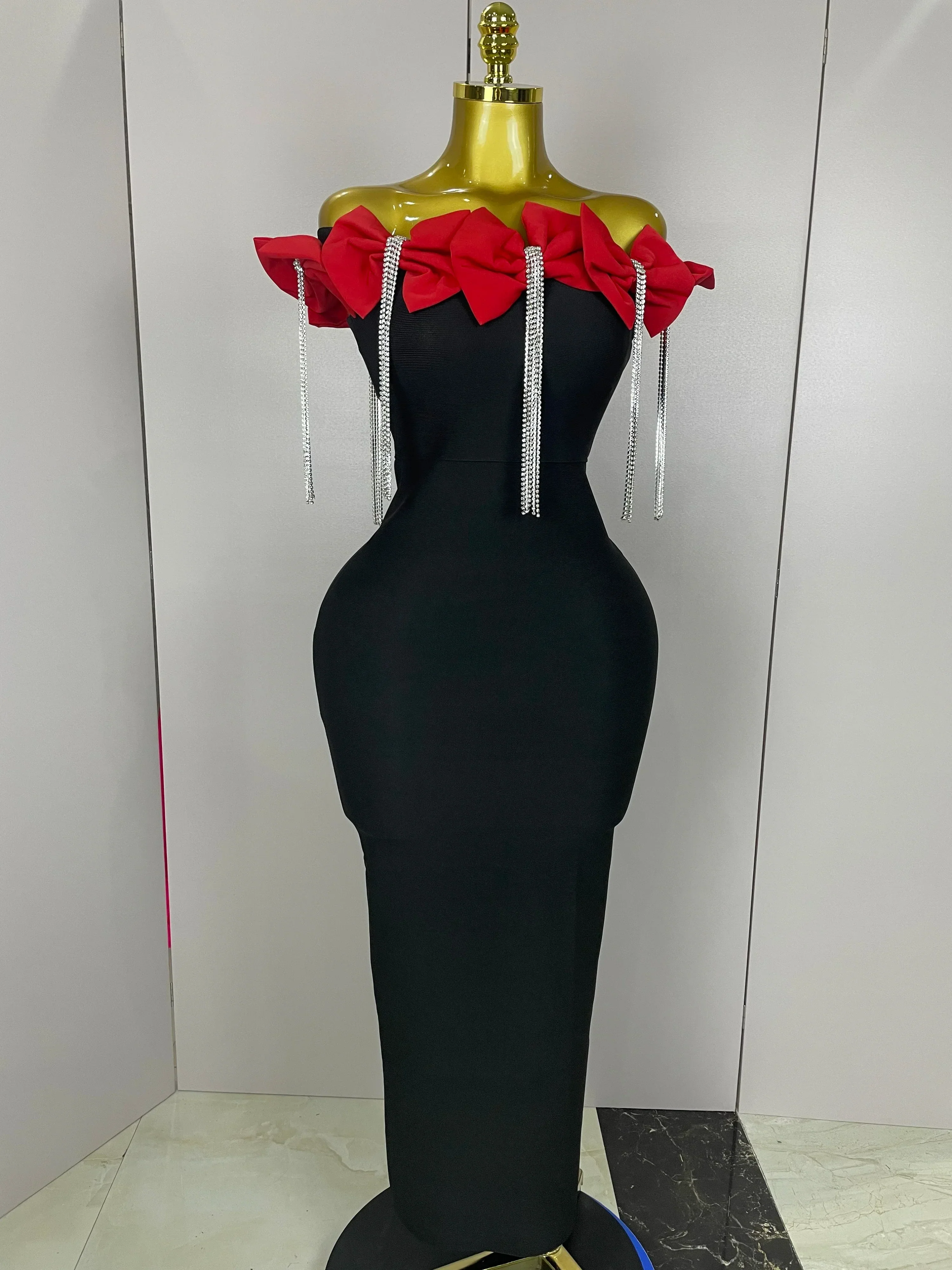 Women Celebrity Sexy Off Shoulder Flower Diamonds Black Bow Tie Maxi Long XL Bandage Dress Elegant Evening Club Party Dress - Image 5