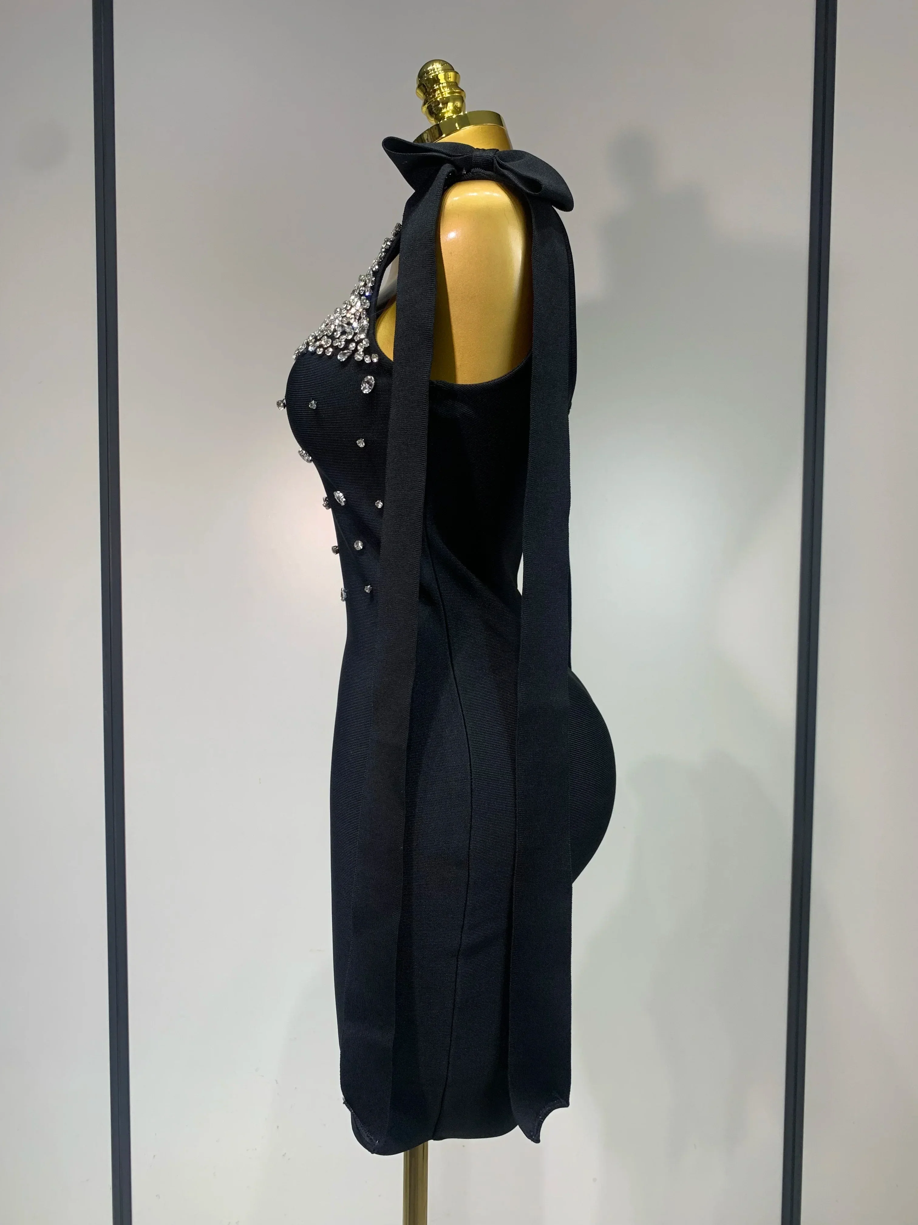 Women Celebrity Sexy Sparly Diamonds Black Mini Bodycon Bandage Dress  Elegant Evening Party Luxury Birthday Dresses - Image 3