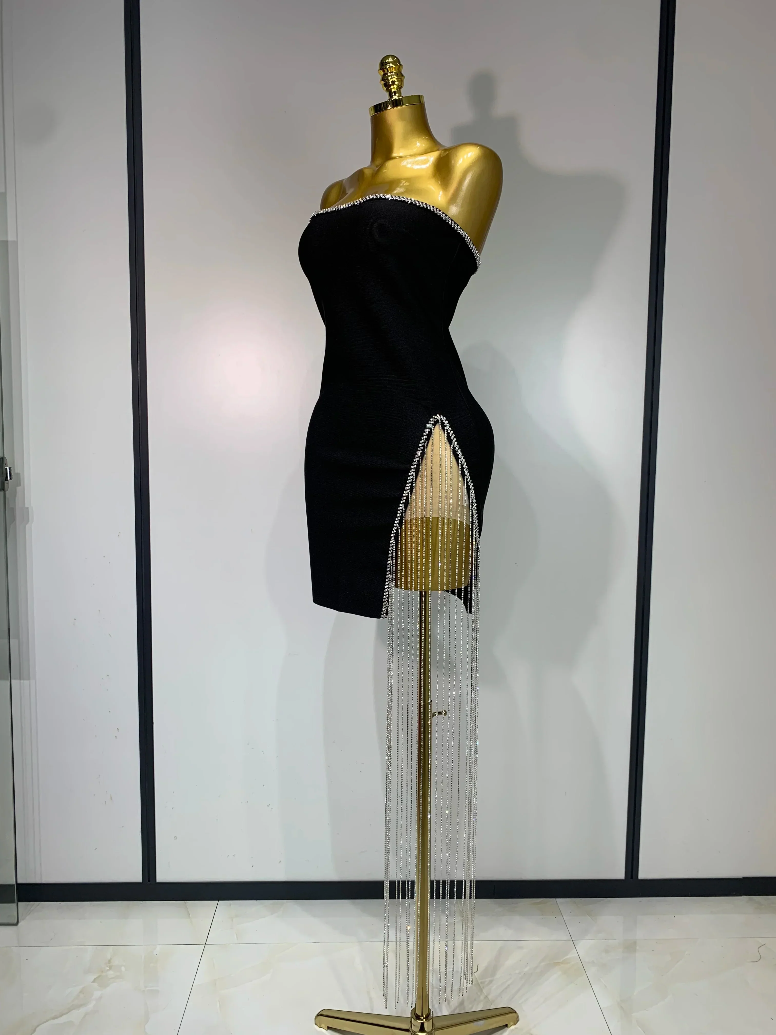 Women Celebrity Sexy Strapless Backless Black Diamond Tassels Mini Bodycon Bandage Dress  Elegant Evening Club Party Dresses - Image 2