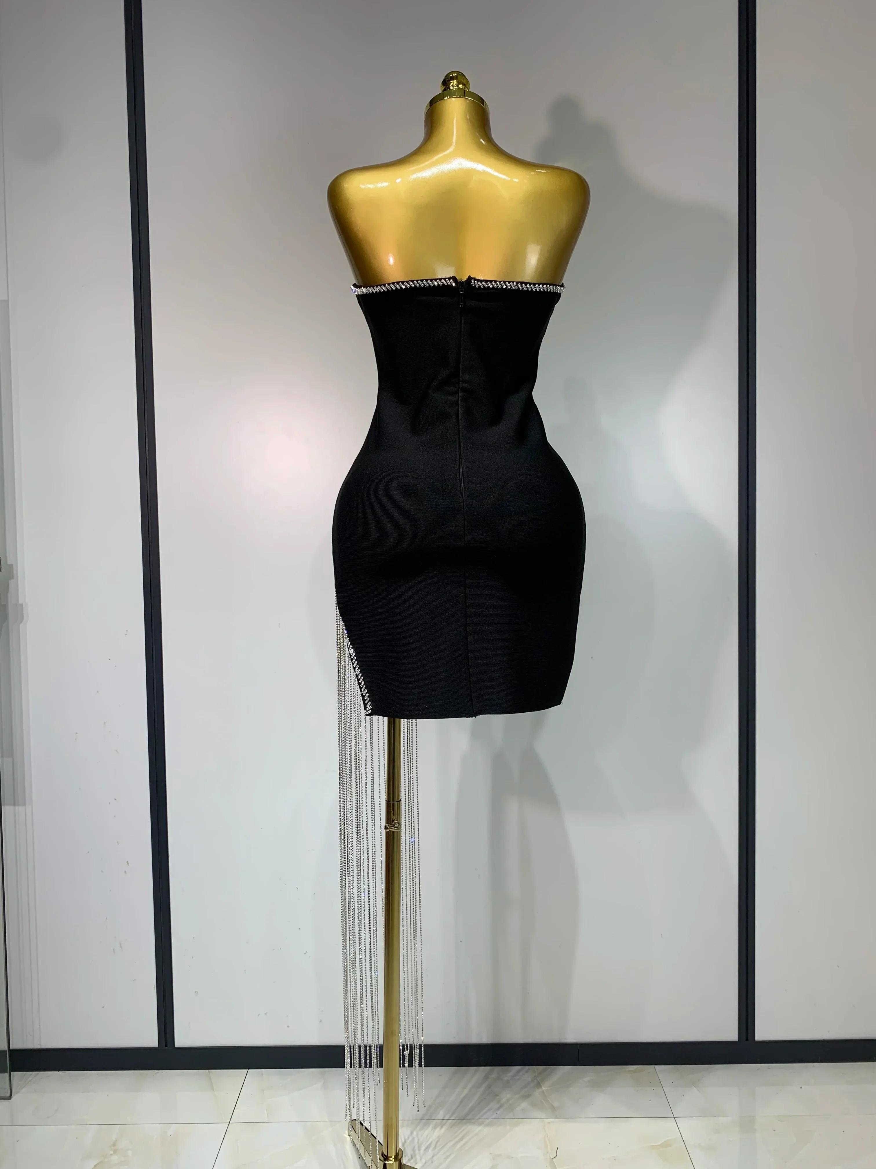 Women Celebrity Sexy Strapless Backless Black Diamond Tassels Mini Bodycon Bandage Dress  Elegant Evening Club Party Dresses - Image 4