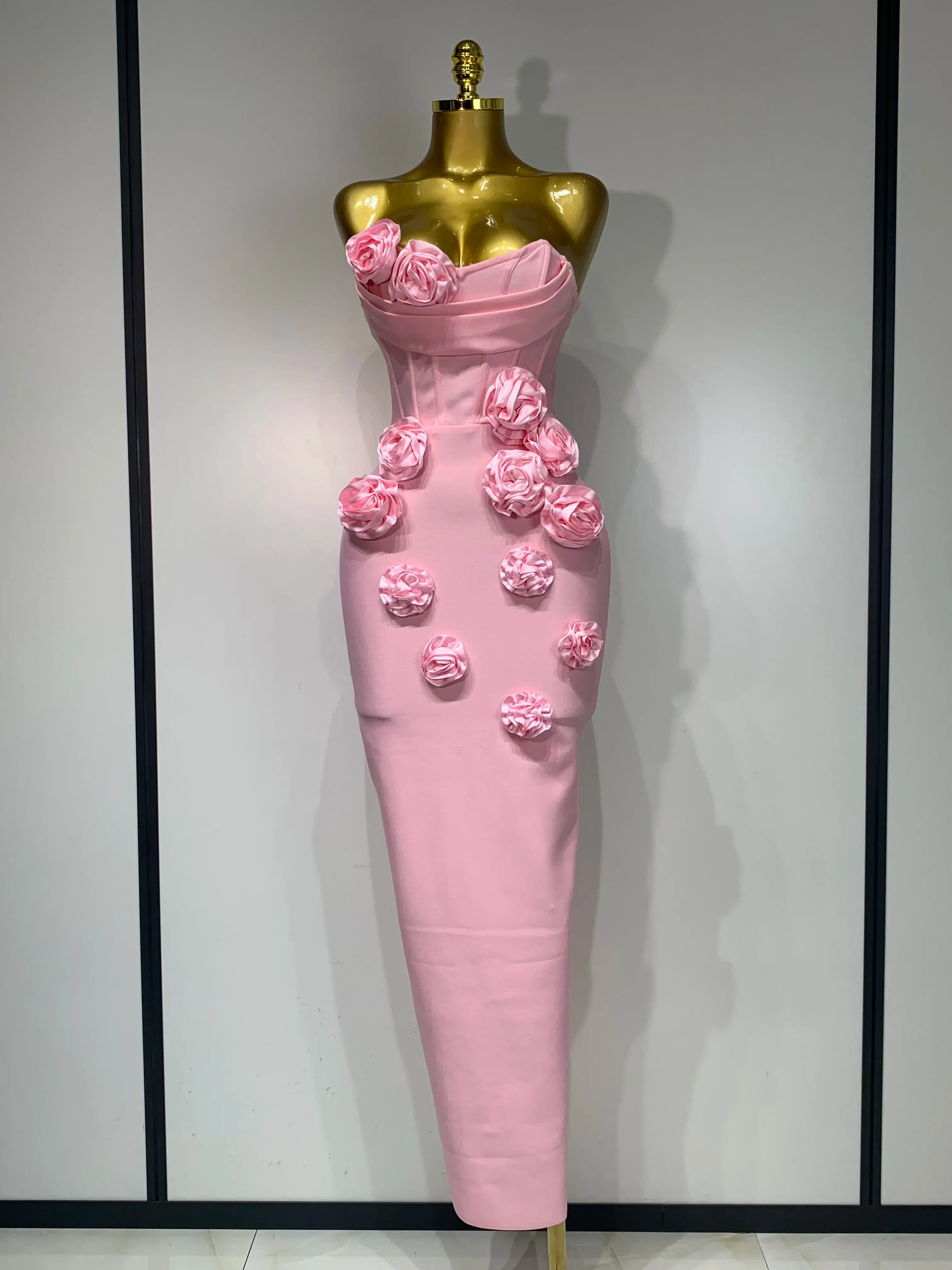 Women Celebrity Sexy Strapless Backless Flower Maxi Long Bodycon Bandage Dress Elegant Birthday Evening Club Party Dresses